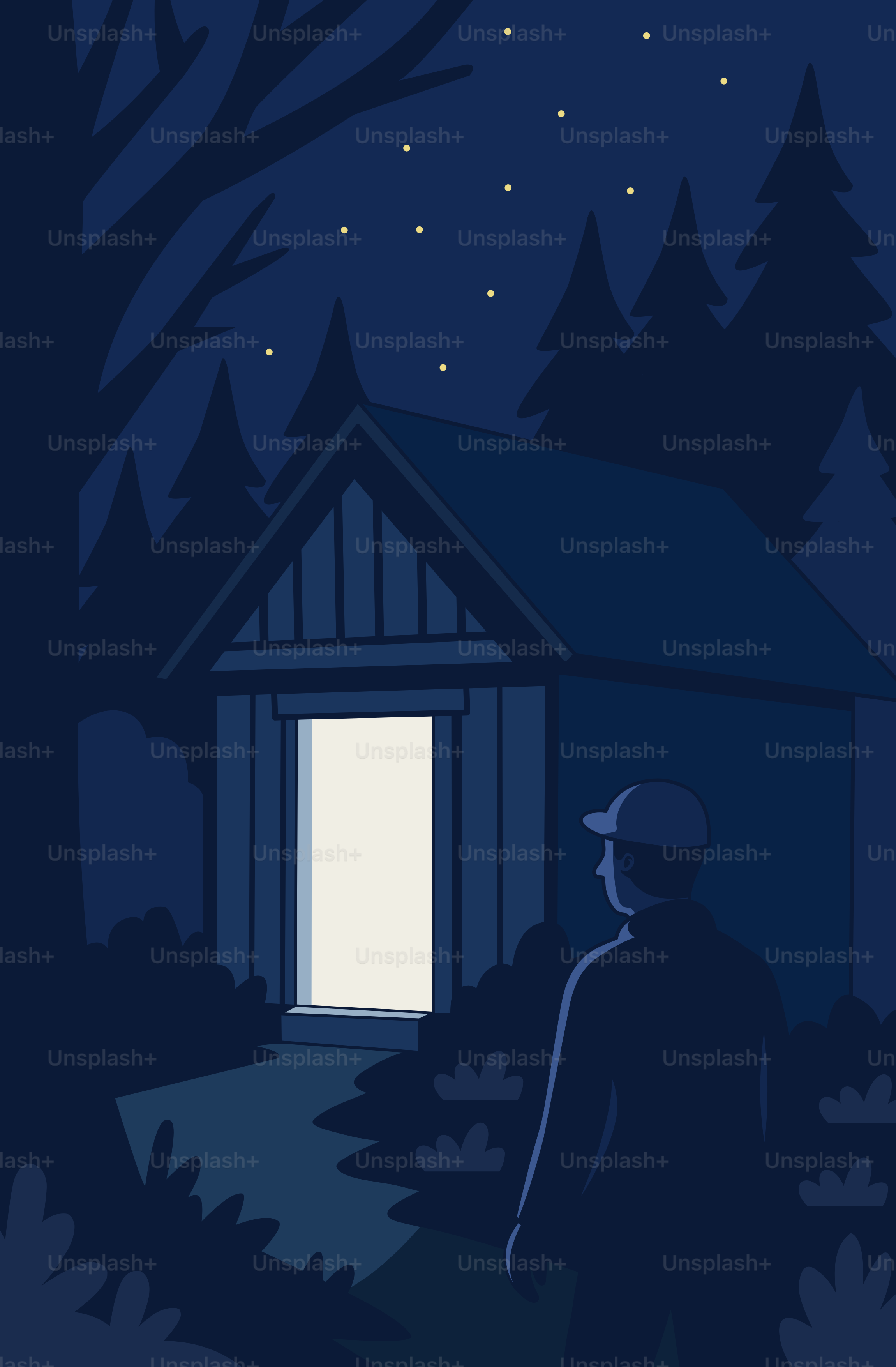 A person walks towards a lit cabin at night.