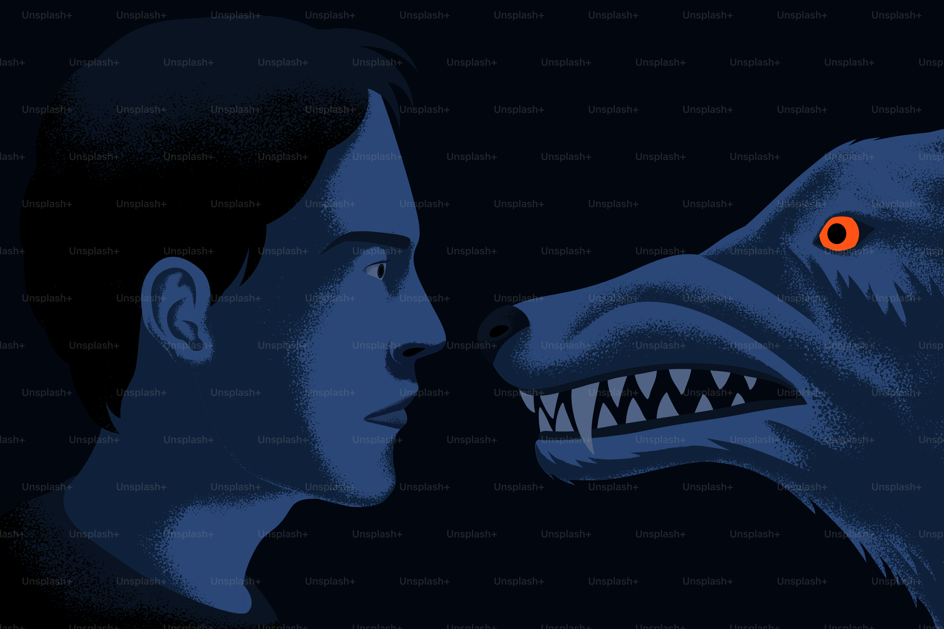 Man stares into the eyes of a ferocious wolf.