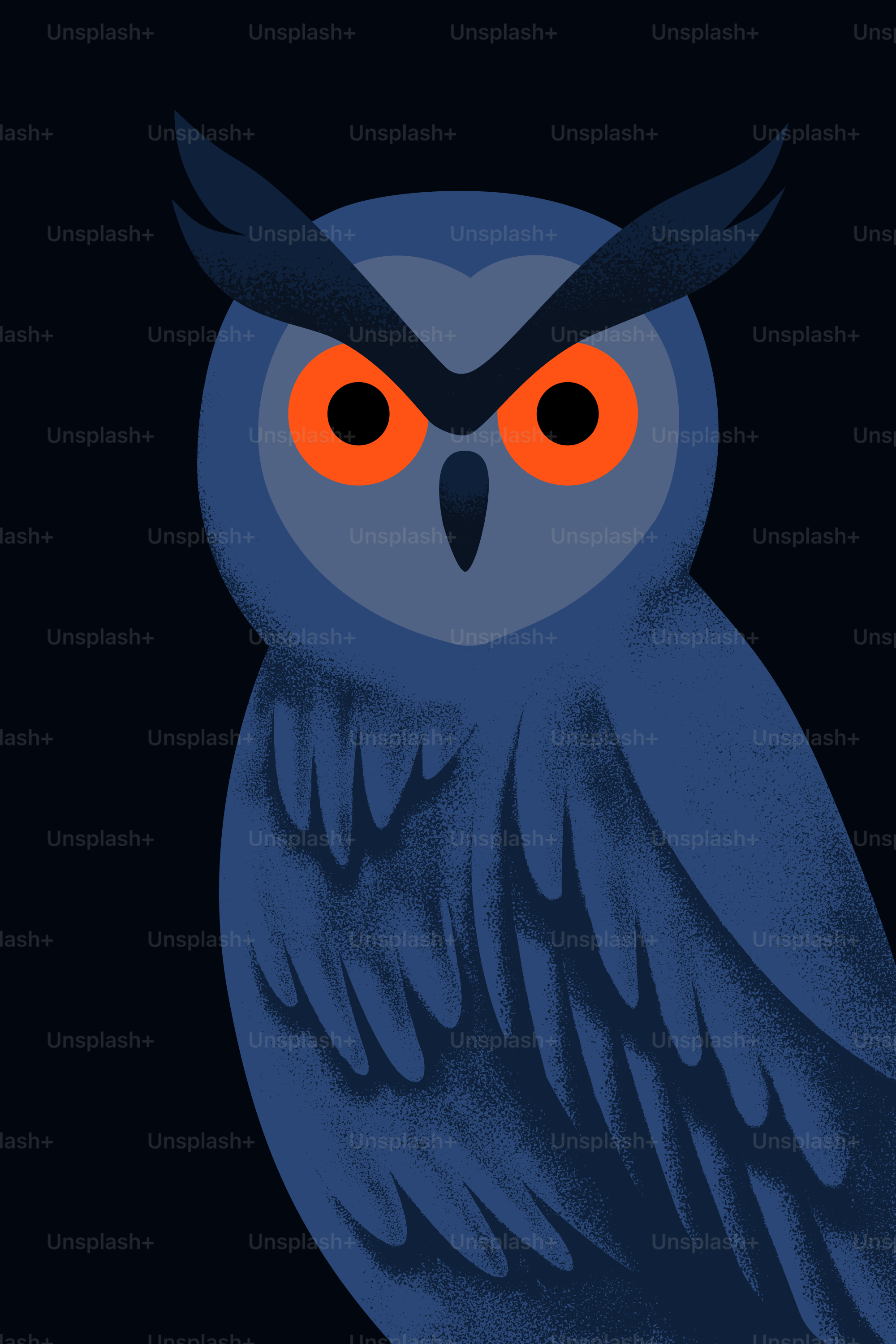 A blue owl stares with glowing orange eyes.