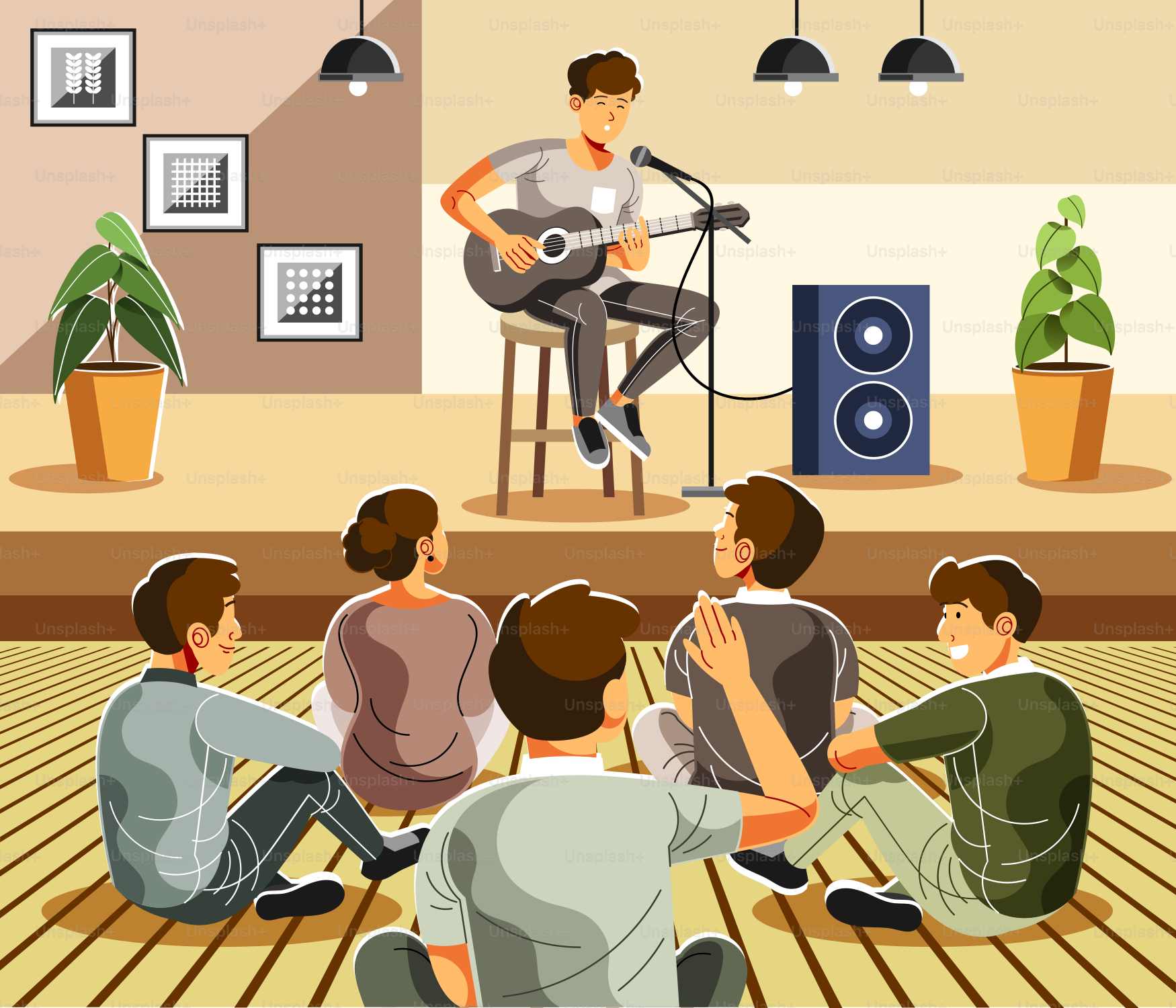 A musician plays for an audience in a small venue.