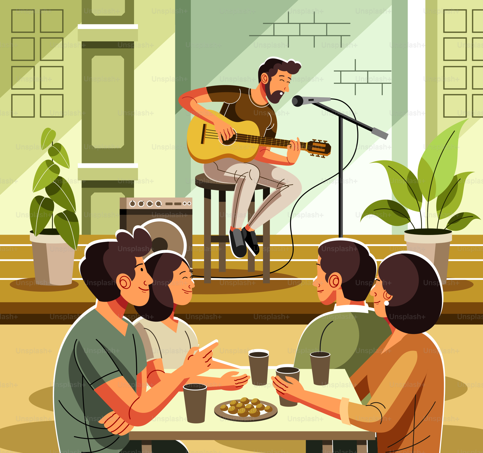 Ein Musiker tritt für Leute in einem Café auf.