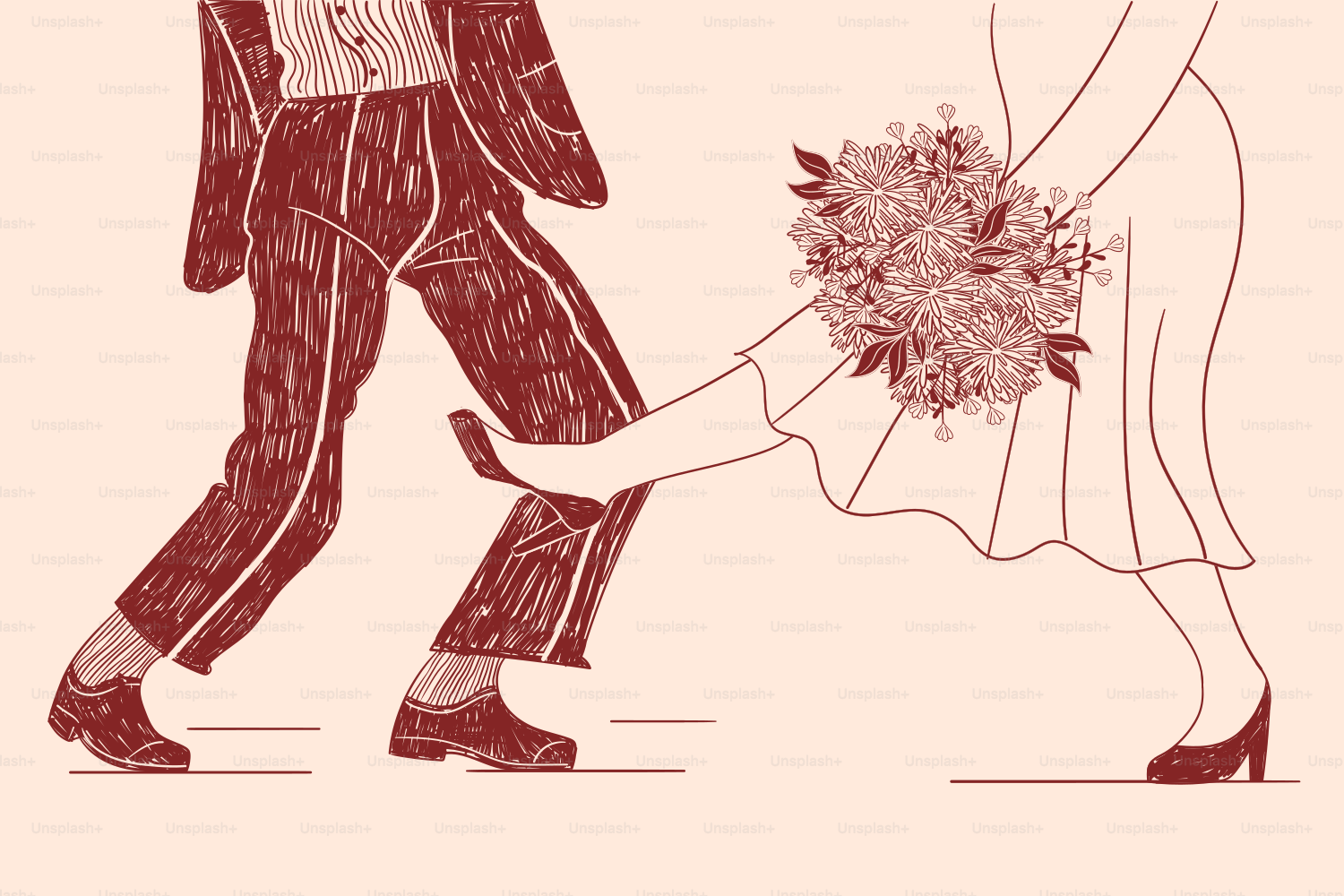 Bride kicks groom away from the aisle.