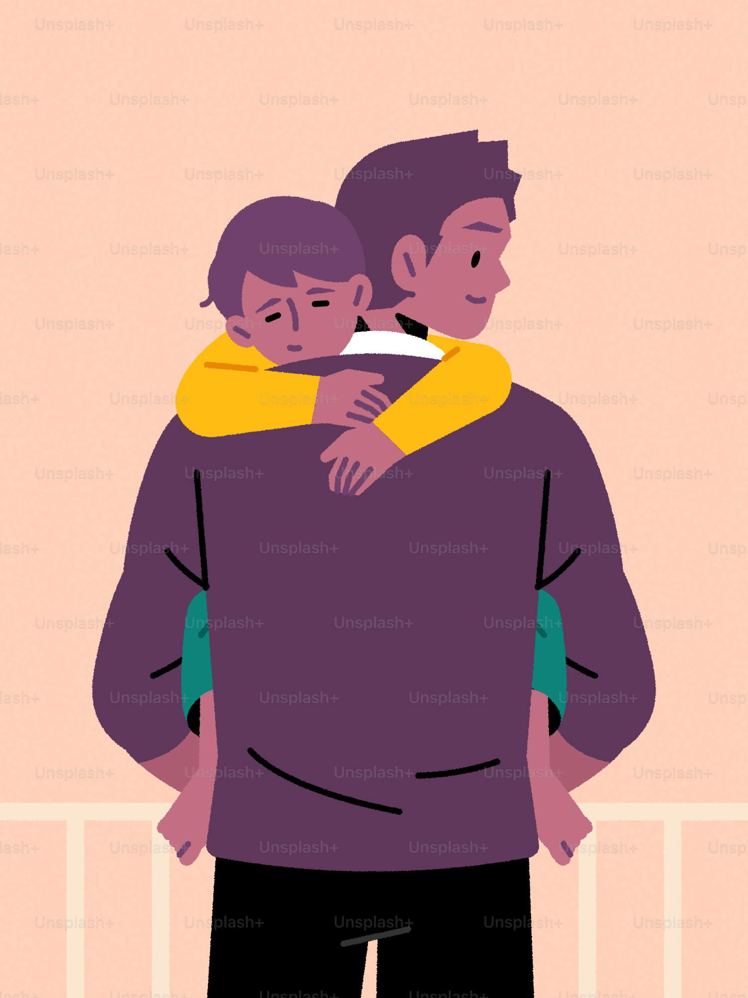 A father carries his child on his back.