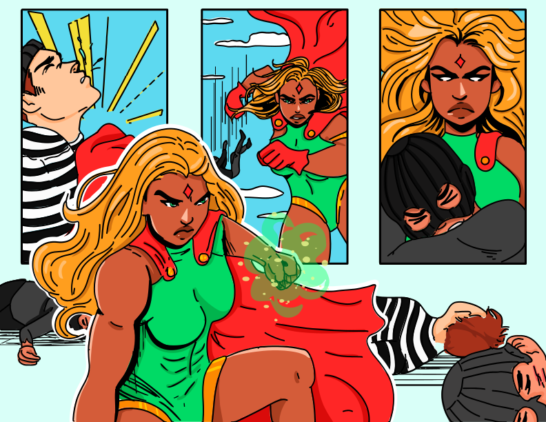 A superhero is fighting a group of criminals.