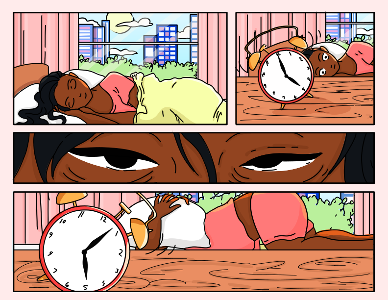 A woman wakes up to an alarm clock.