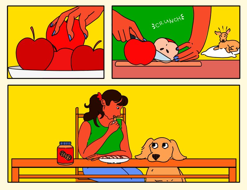 A woman eats apples with her dog.