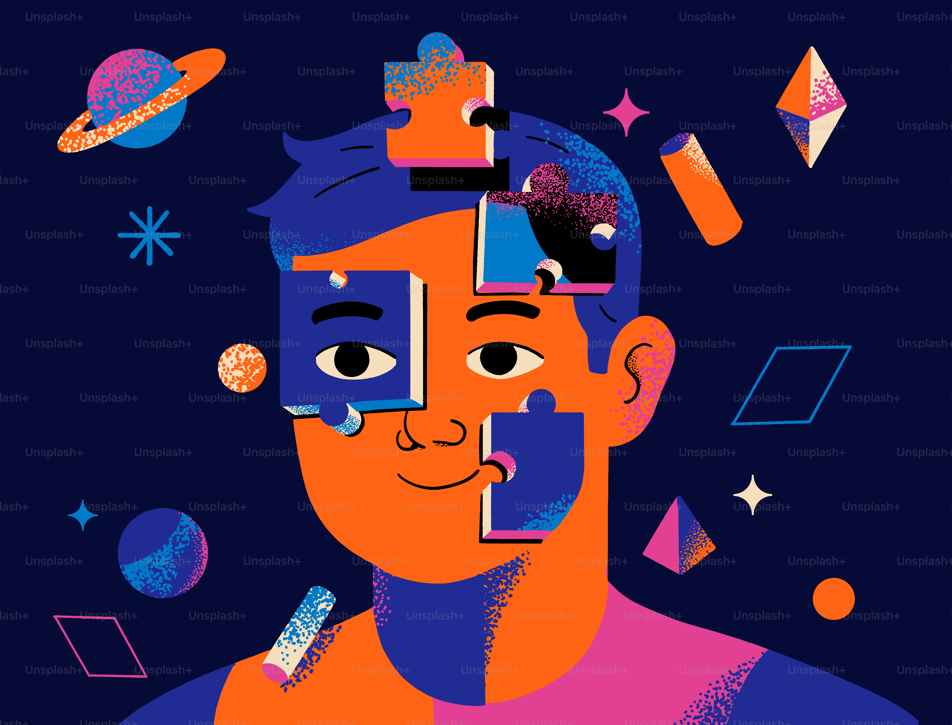 A person with a jigsaw puzzle for a face.