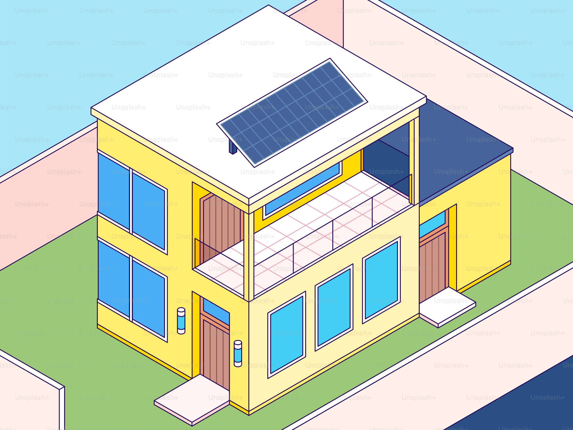 A modern house with solar panels on its roof.