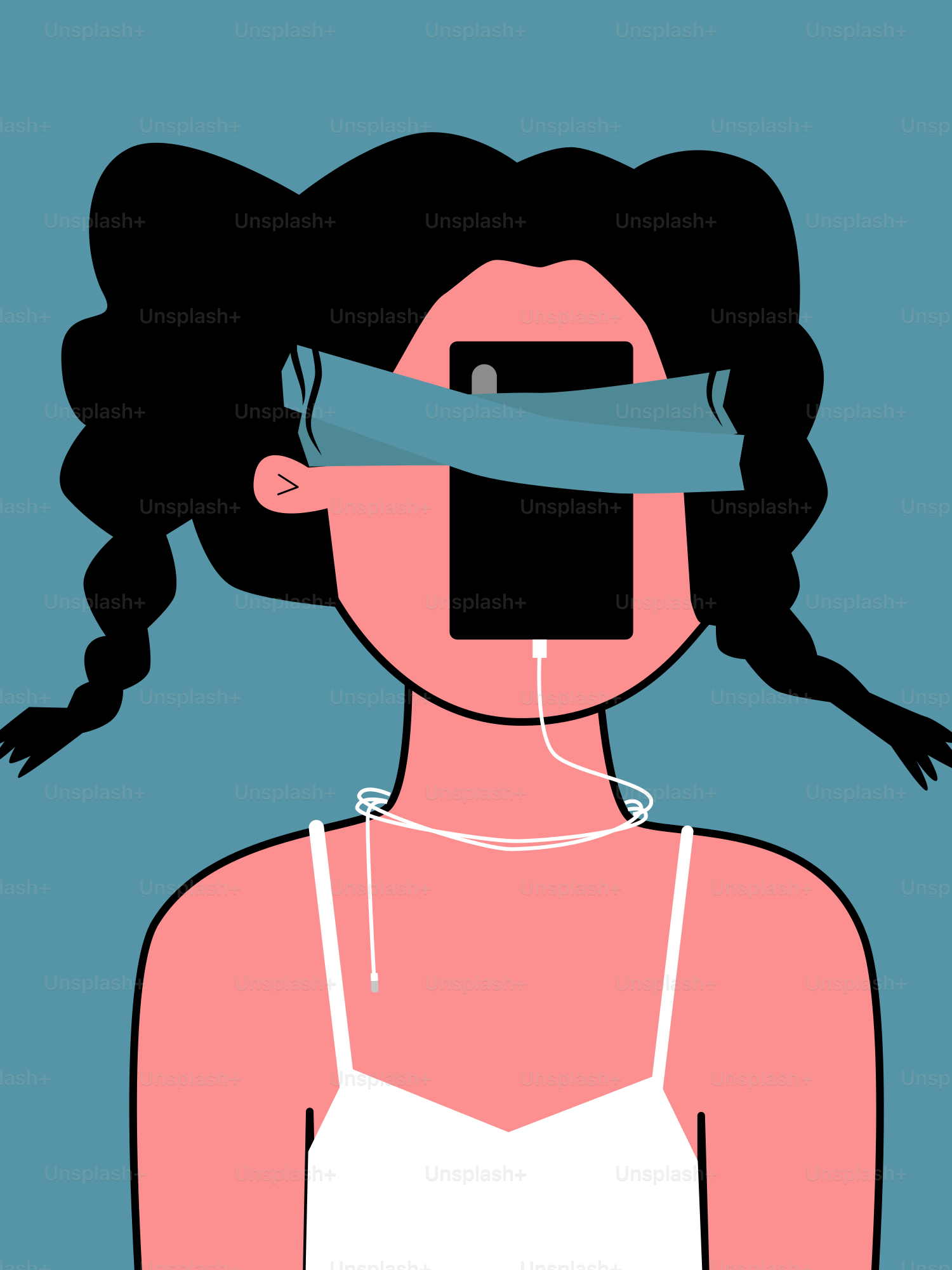 A woman's face is replaced by a phone.