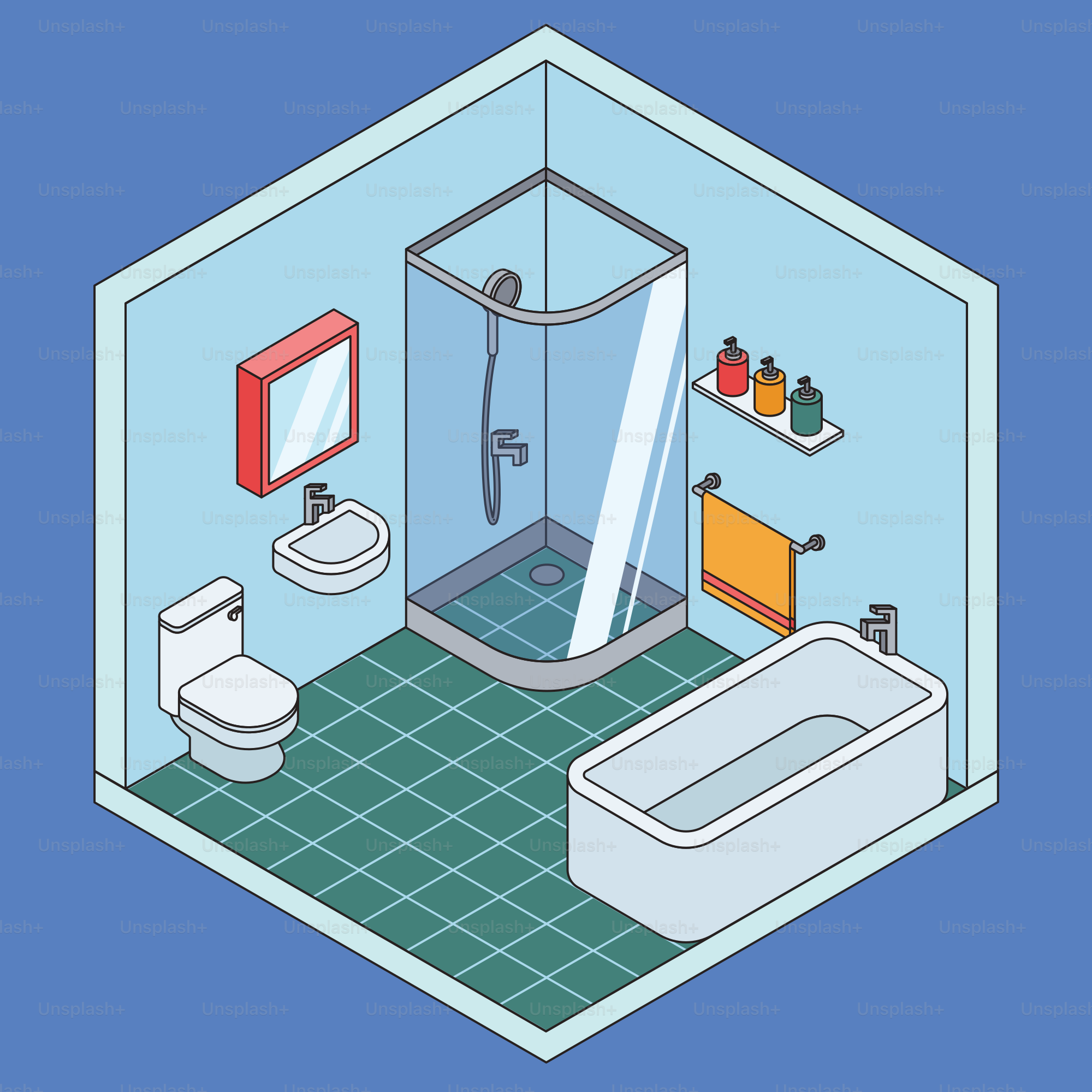 Isometric view of a clean and modern bathroom.