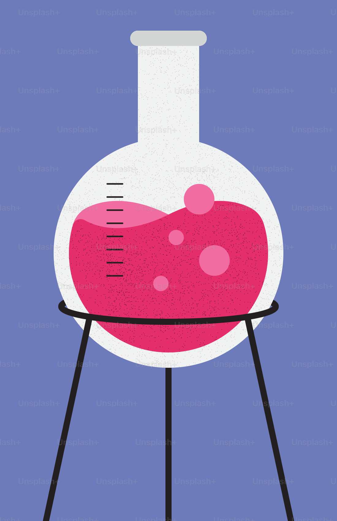 A flask with pink liquid is on a stand.