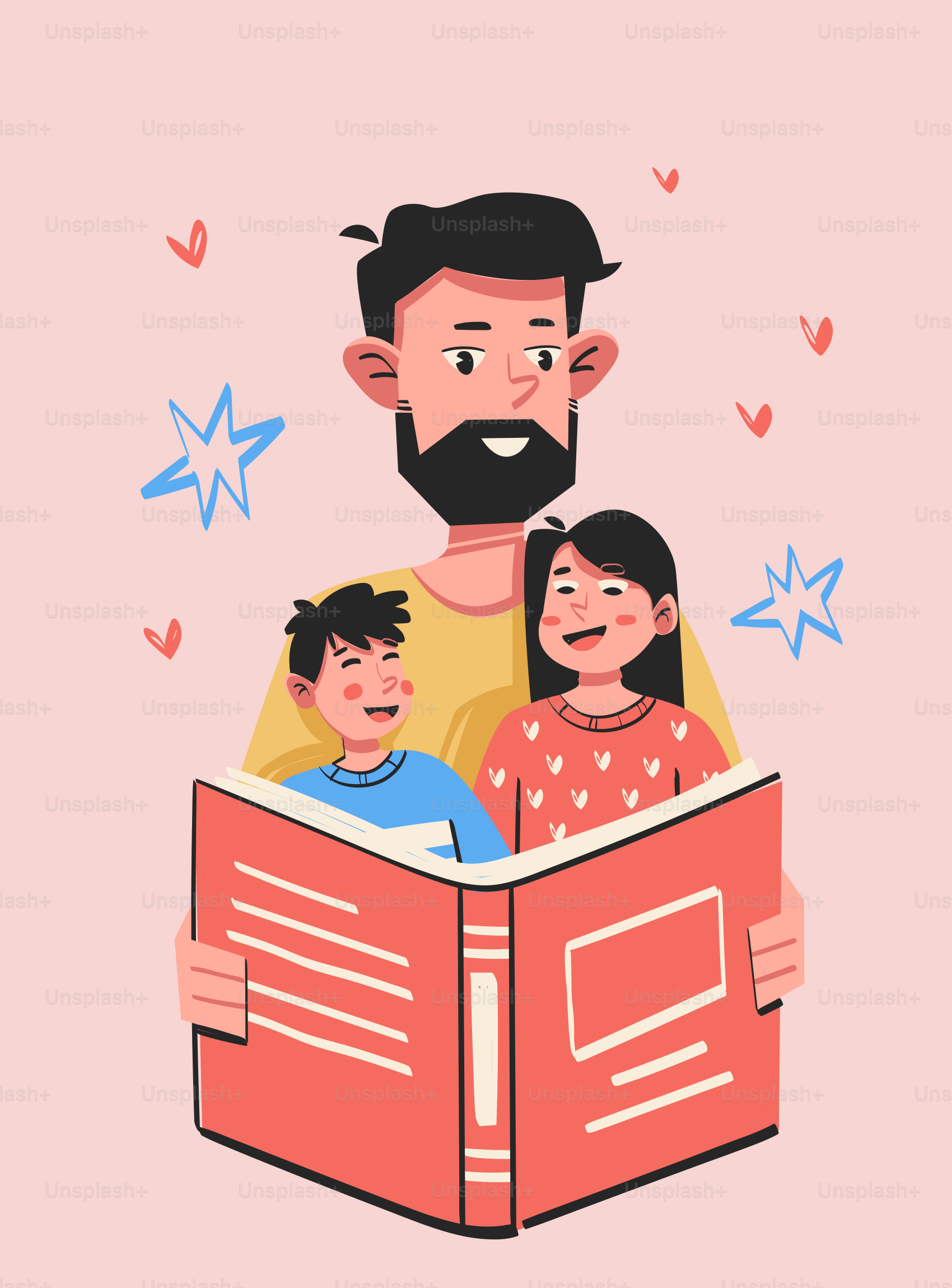 Father reads a book to two smiling children.