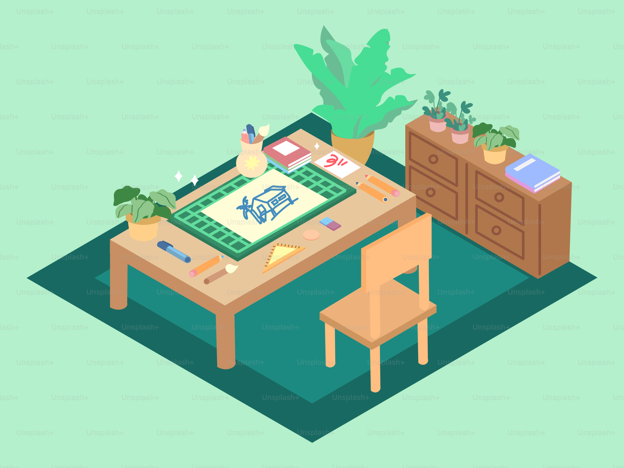 A cozy art corner with a desk and supplies.