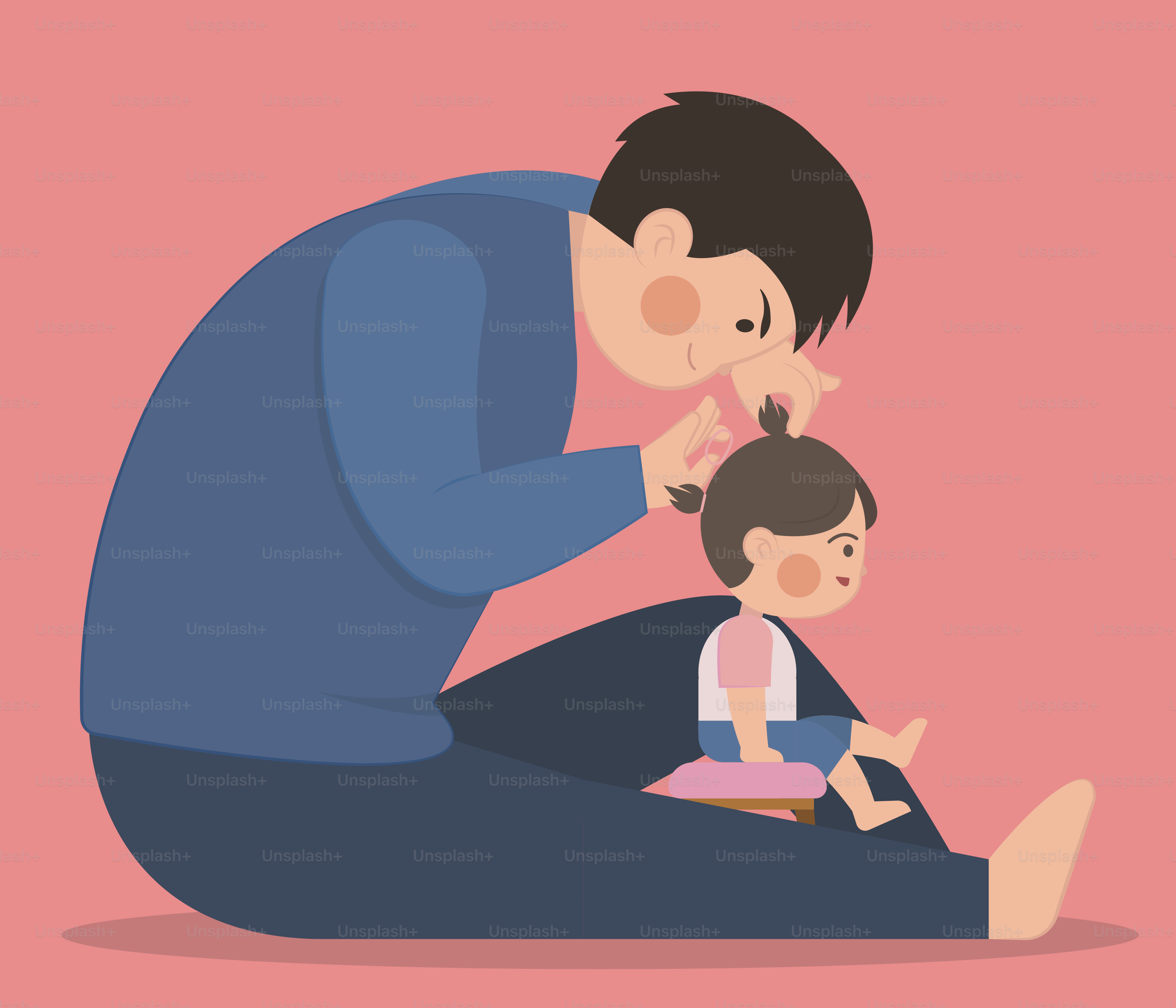 A father is combing his daughter's hair.
