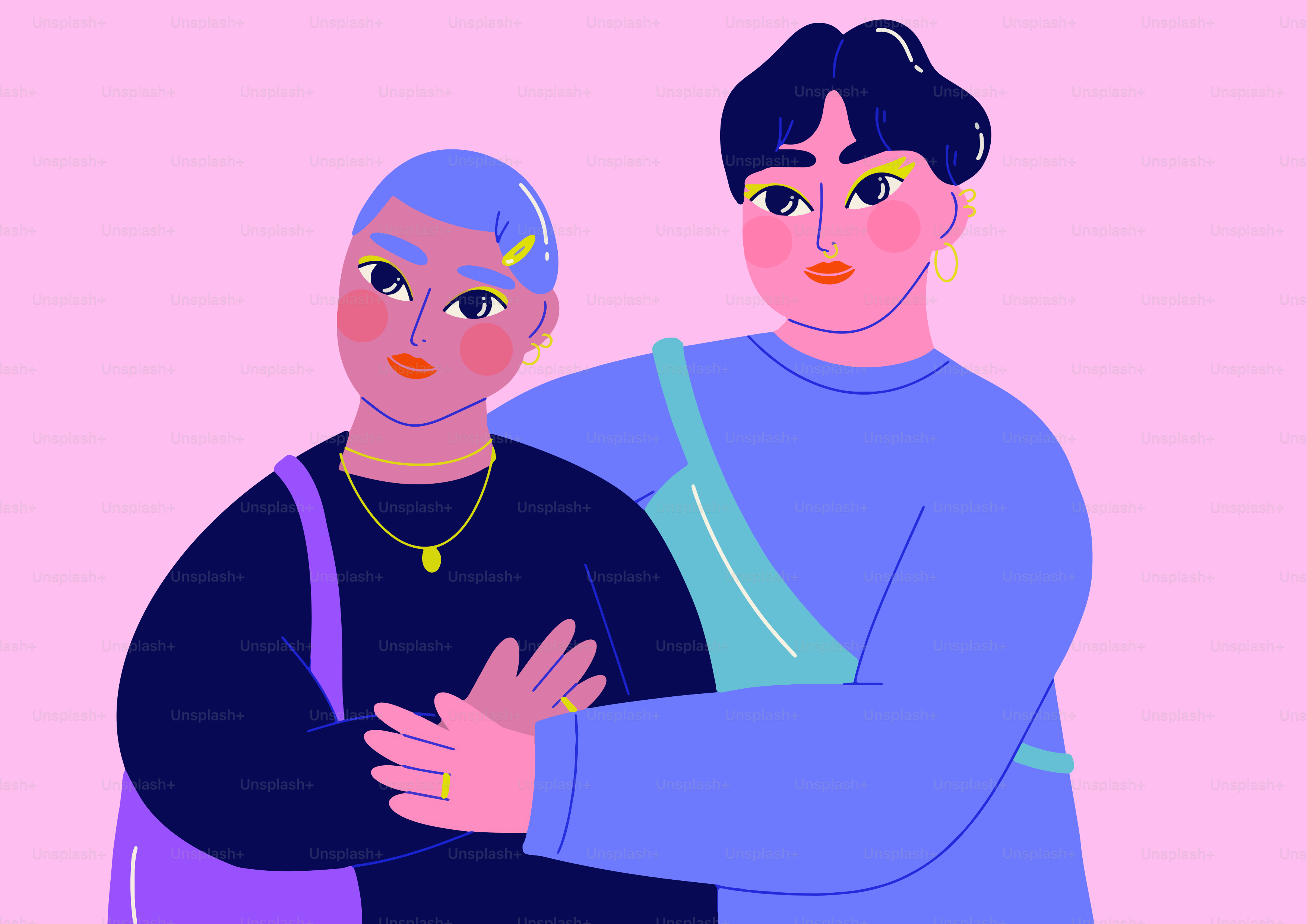 Two people are in an illustration, embracing and close.