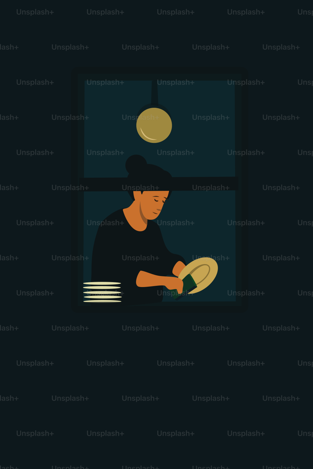 A woman washes dishes by the kitchen window.