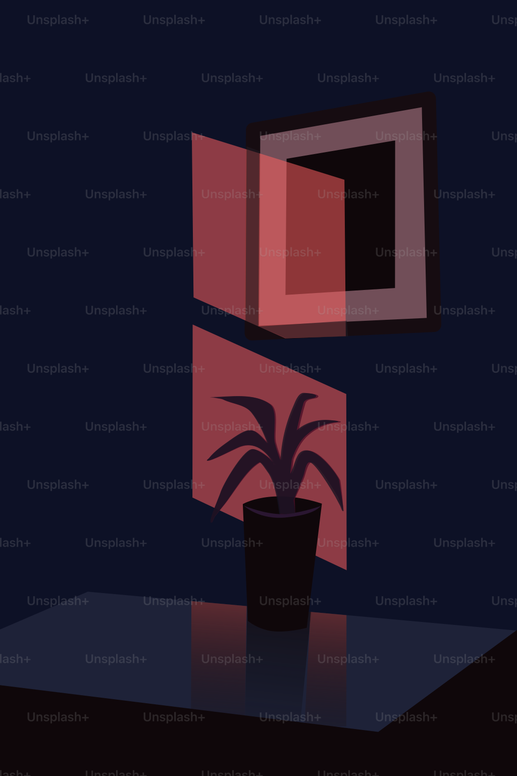 A plant casts shadows in a dark room.