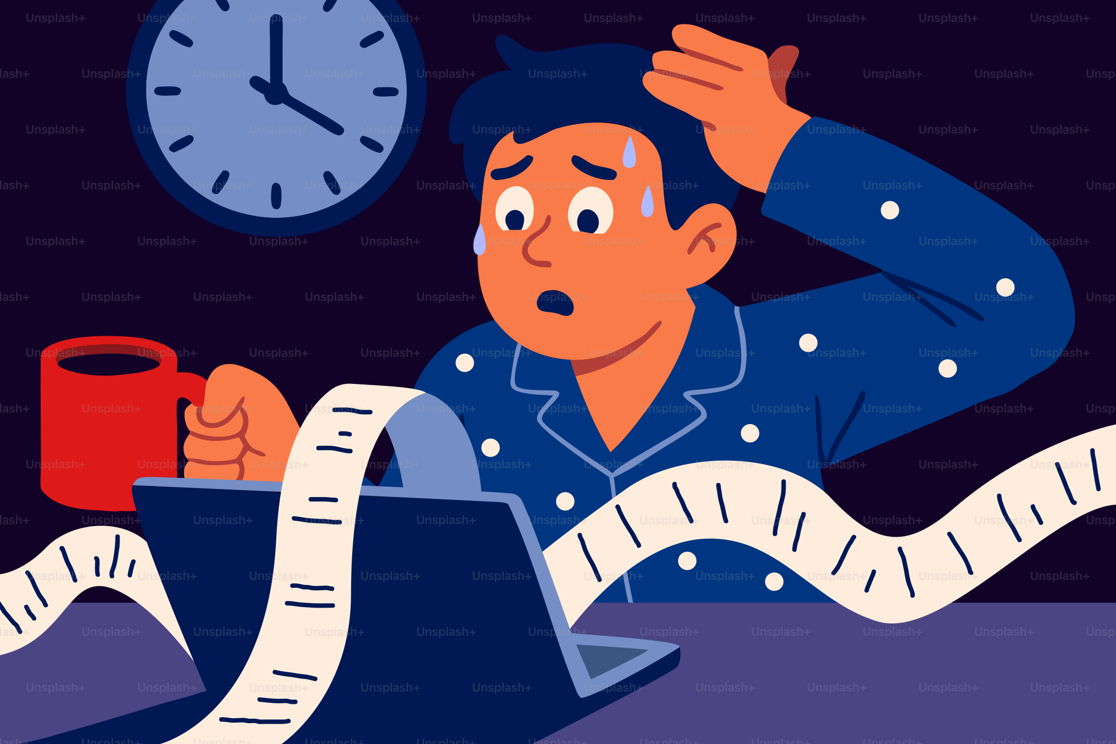 Mann gestresst von der Arbeit spät in der Nacht.