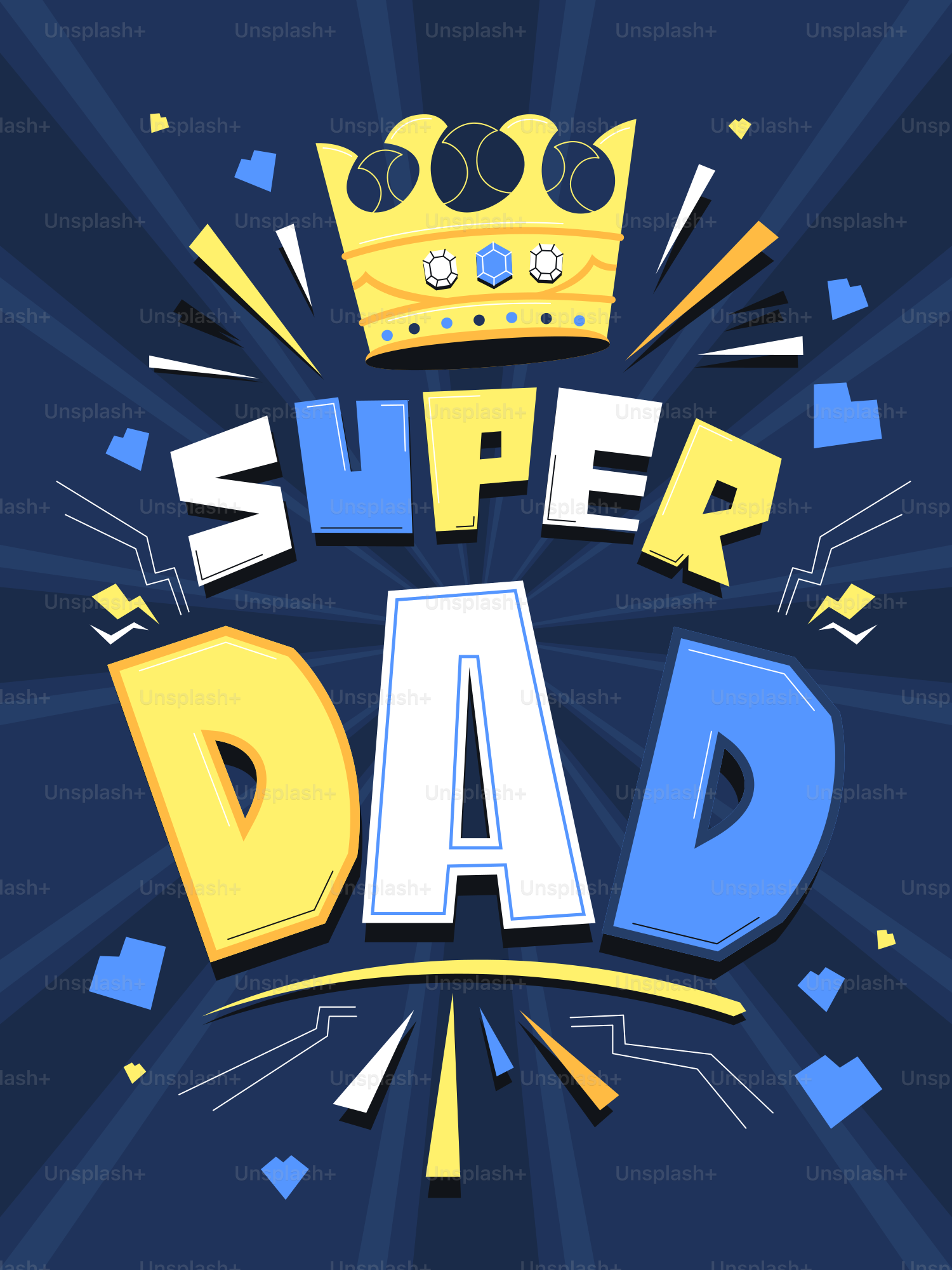 Super papà viene festeggiato con una corona e raggi.
