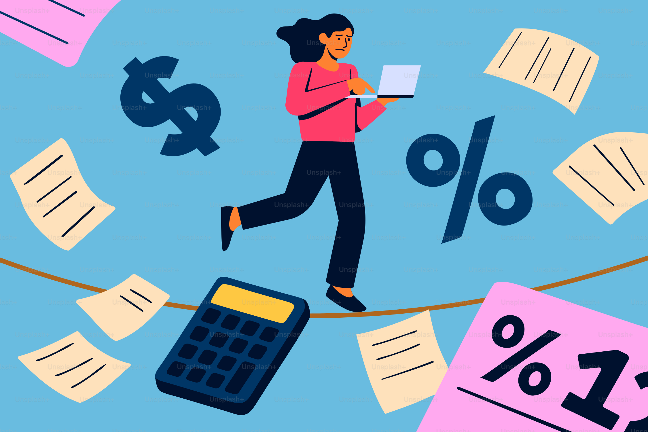 Woman calculating finances while walking a tightrope.