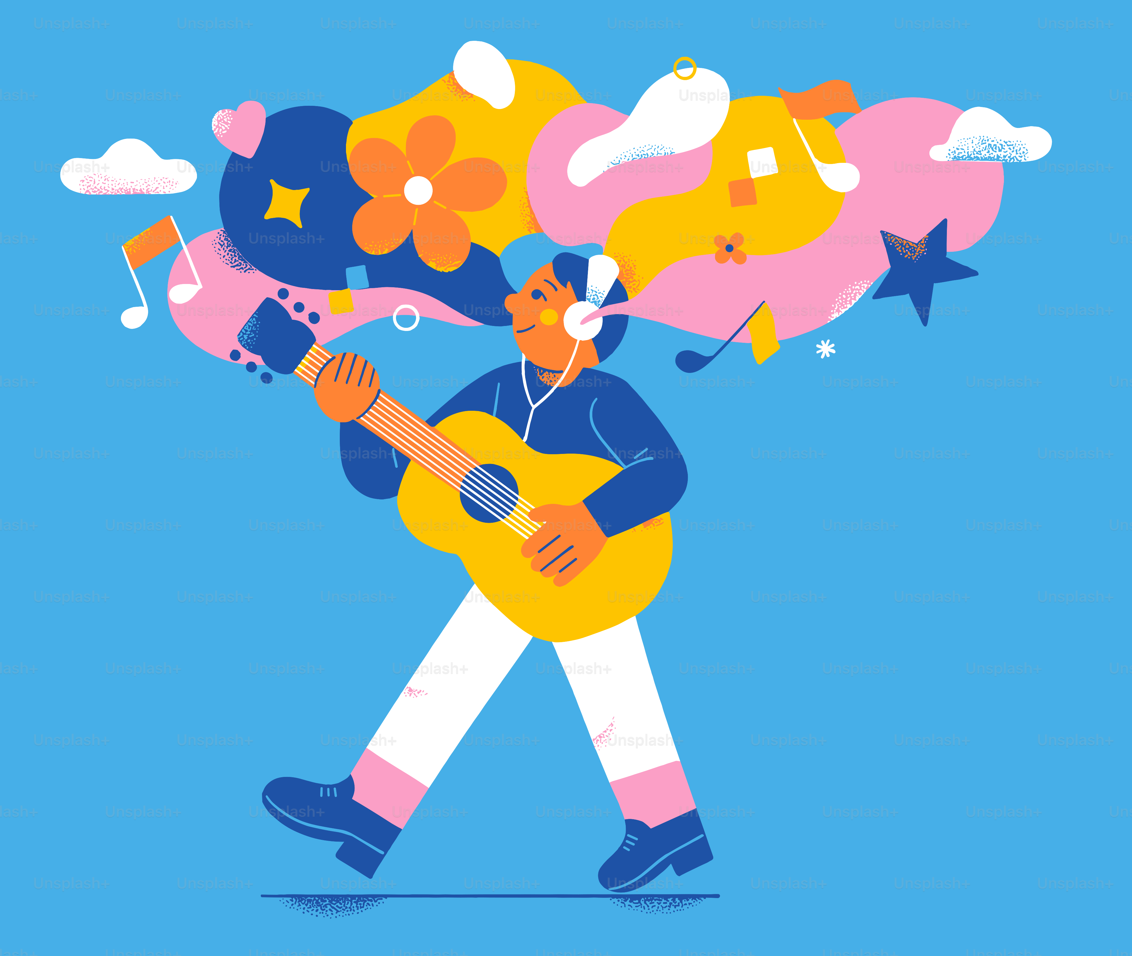 Person listens to music while playing the guitar.