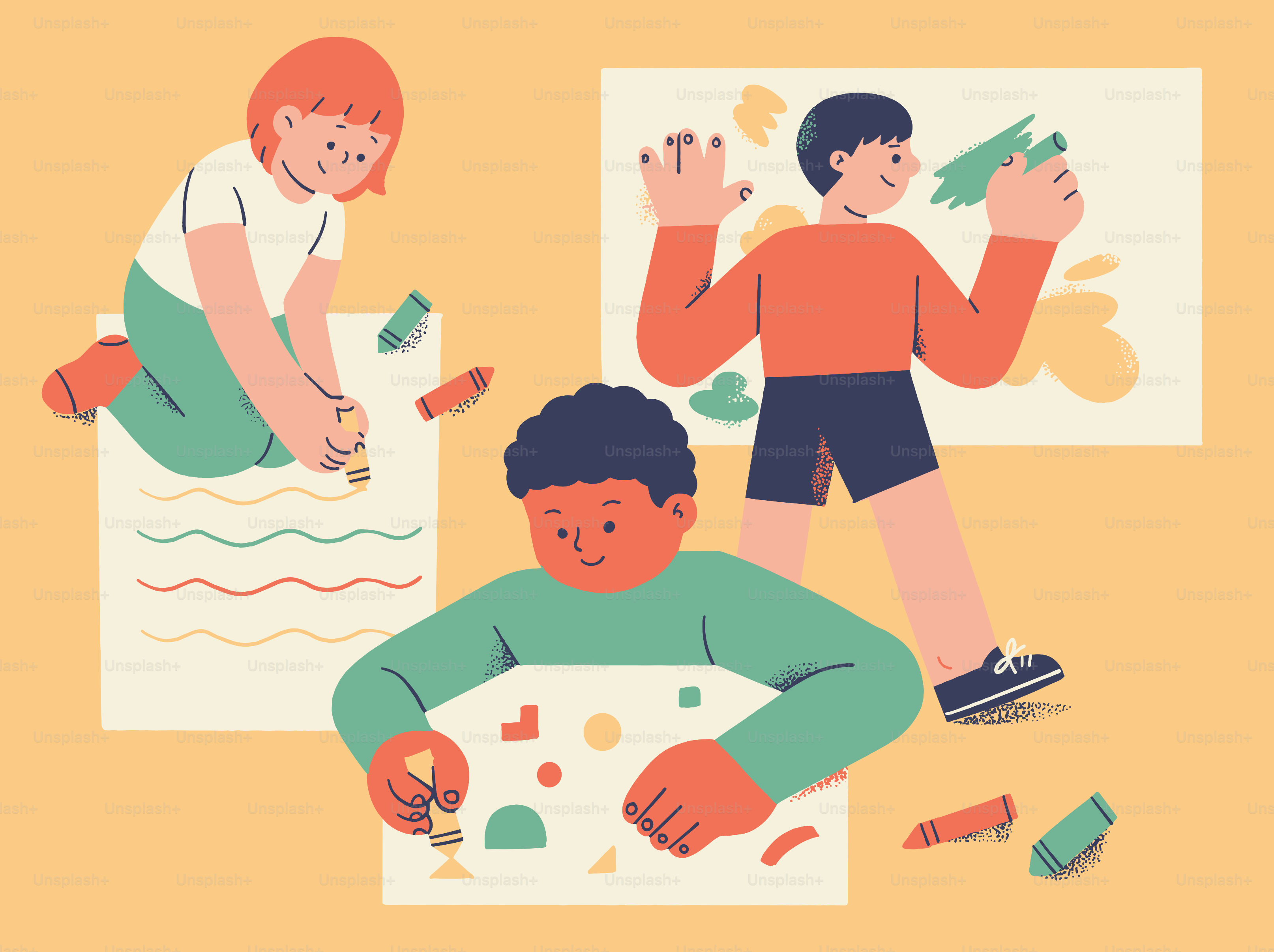 Kids are painting and creating colorful artwork.