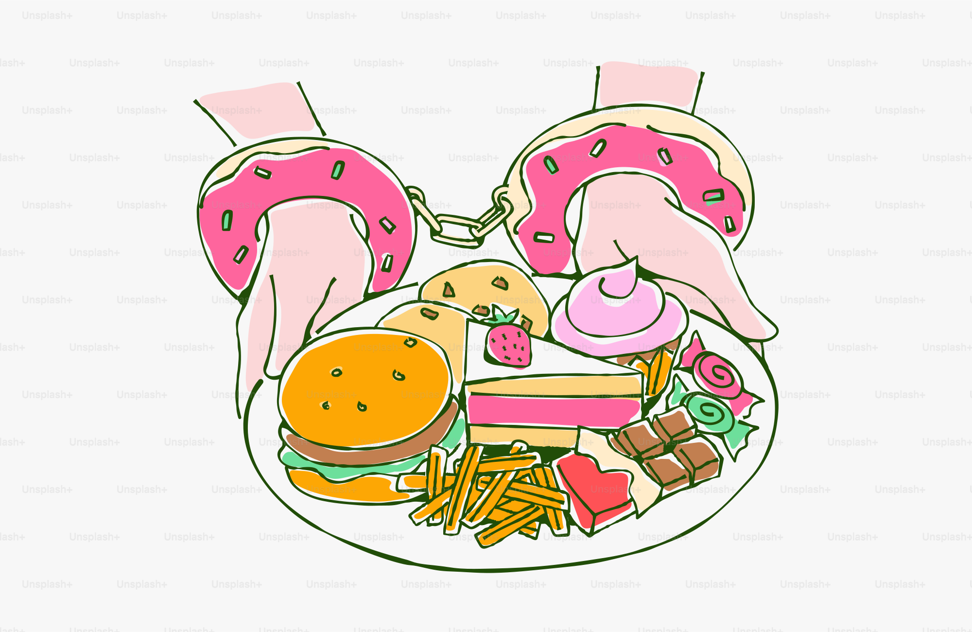 Food addiction: donuts handcuff food.