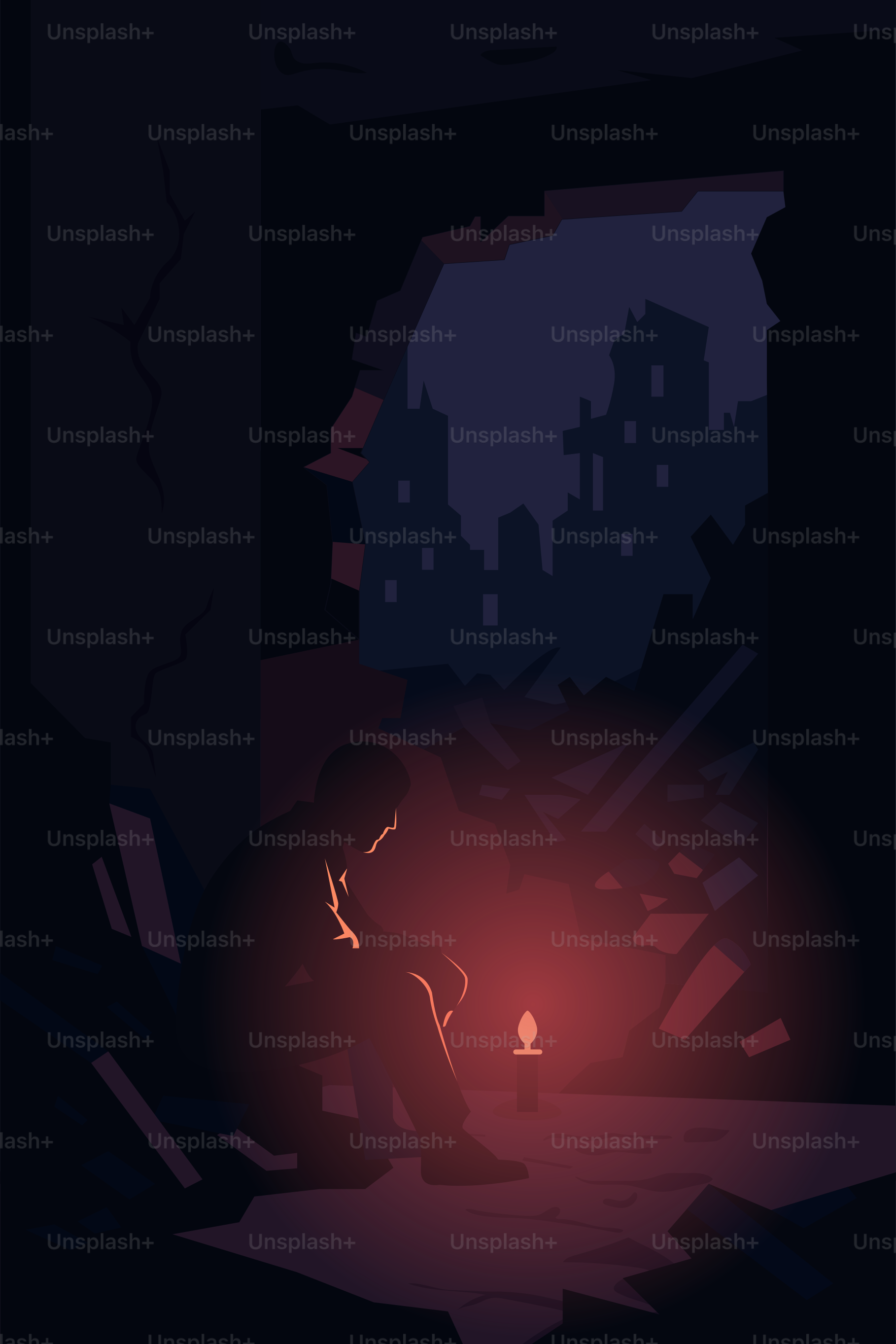 A lonely figure silhouetted amidst ruins.