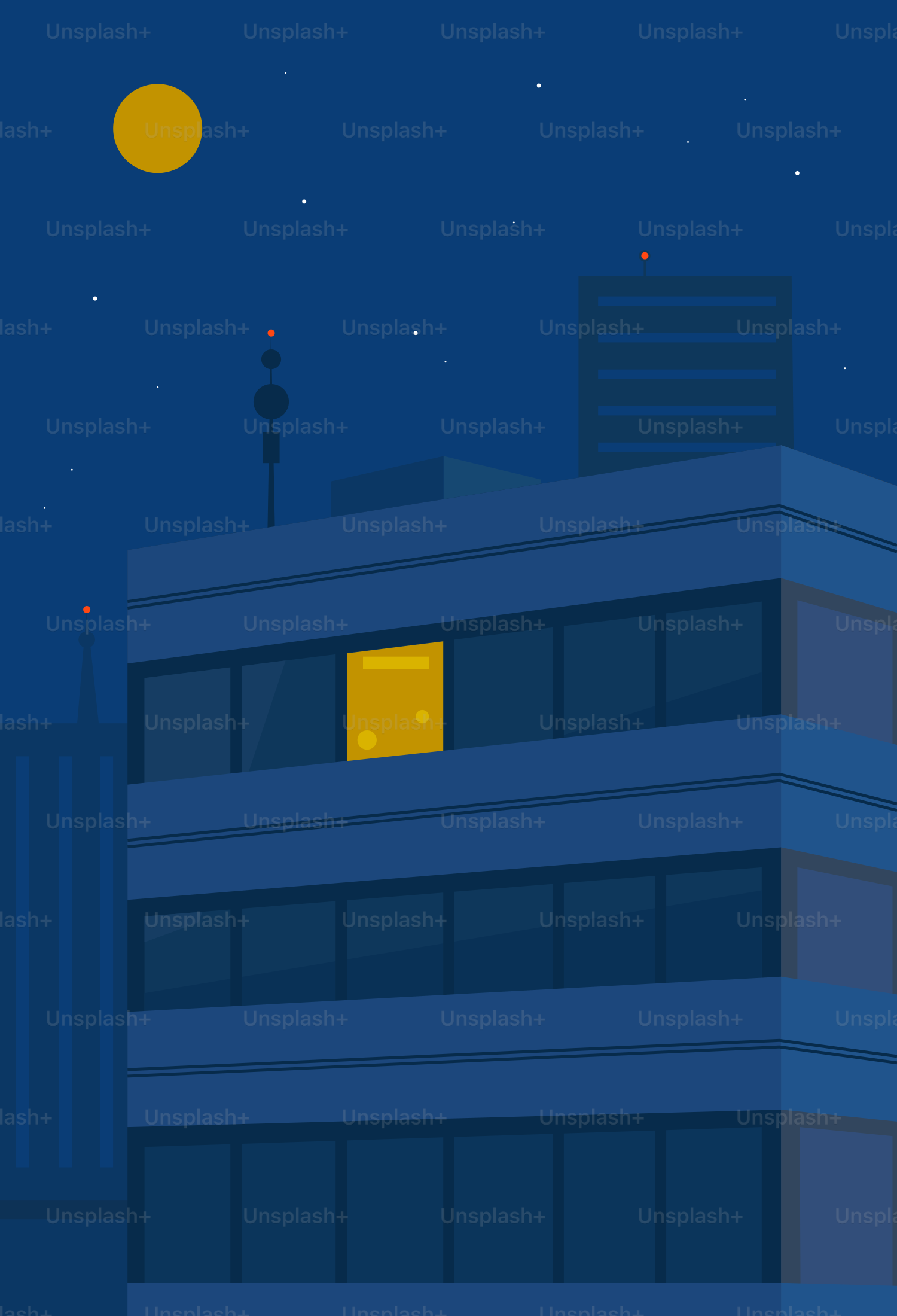 A lit window shines in a nighttime cityscape.