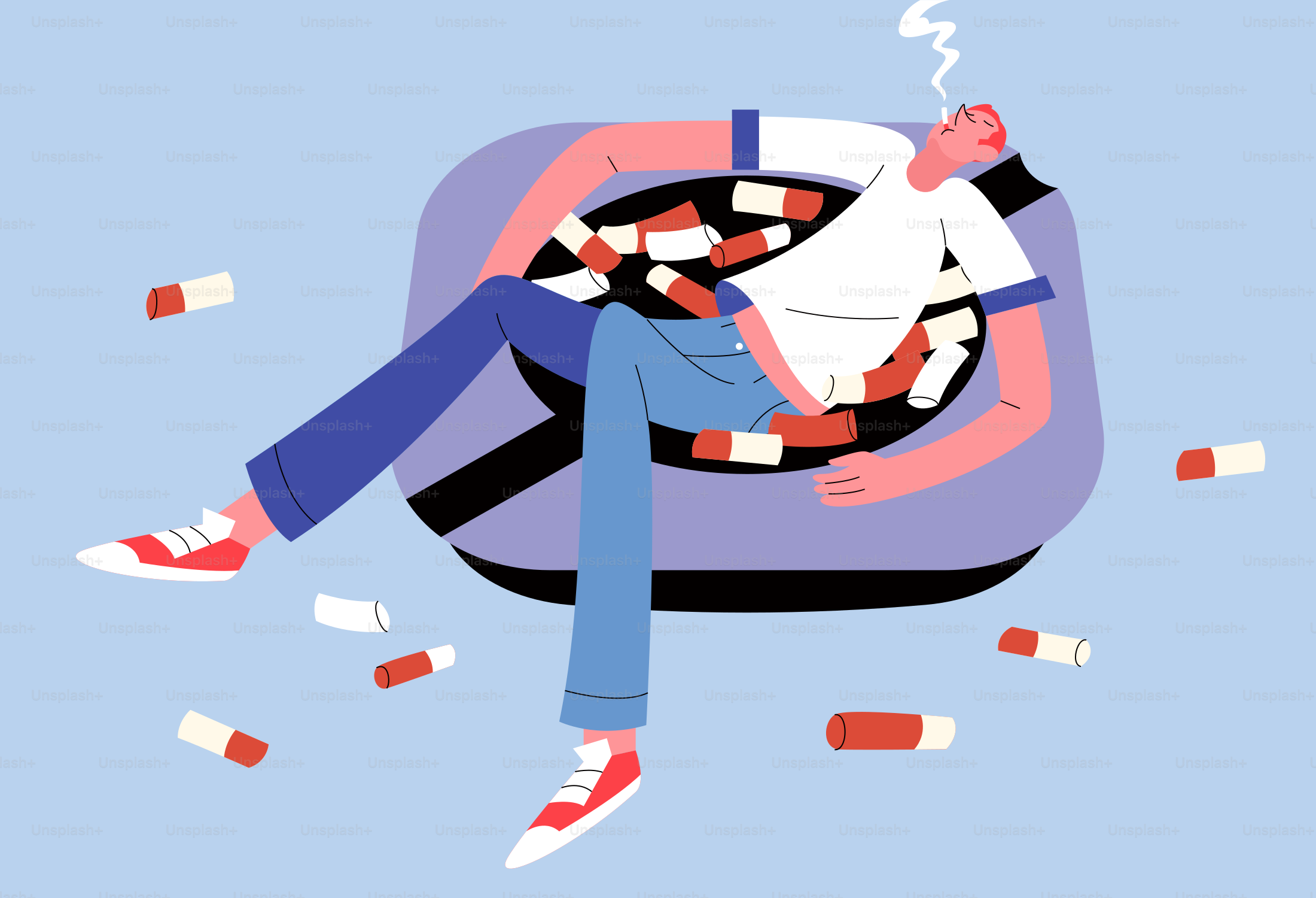 Uomo circondato dalle pillole, che espira fumo.