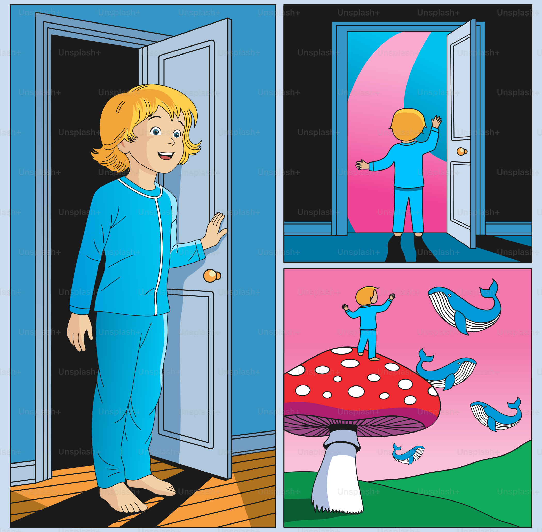 A boy's door leads to whimsical dreams.