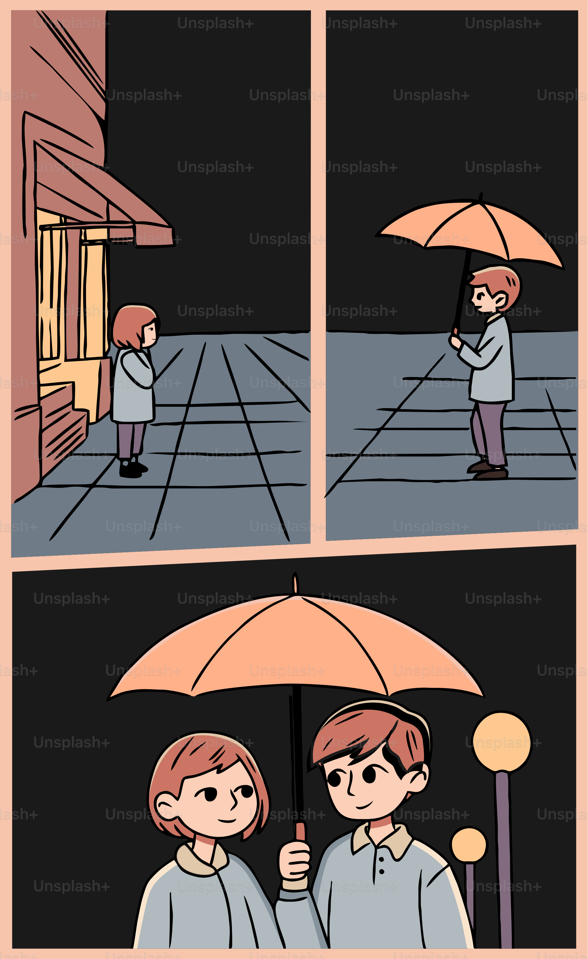 A man offers a woman shelter from the rain.