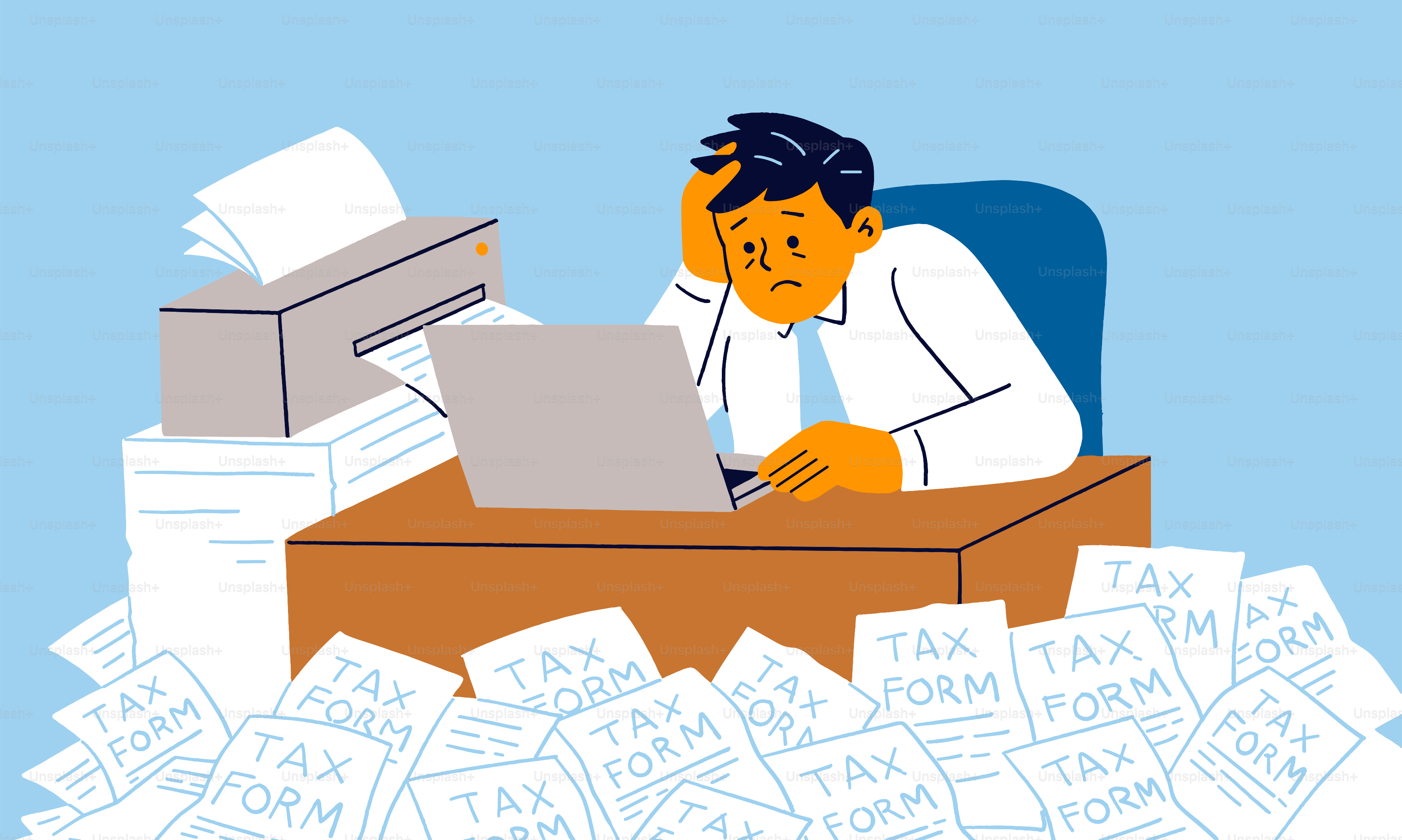 Dipendente sopraffatto è stressato dai moduli fiscali.
