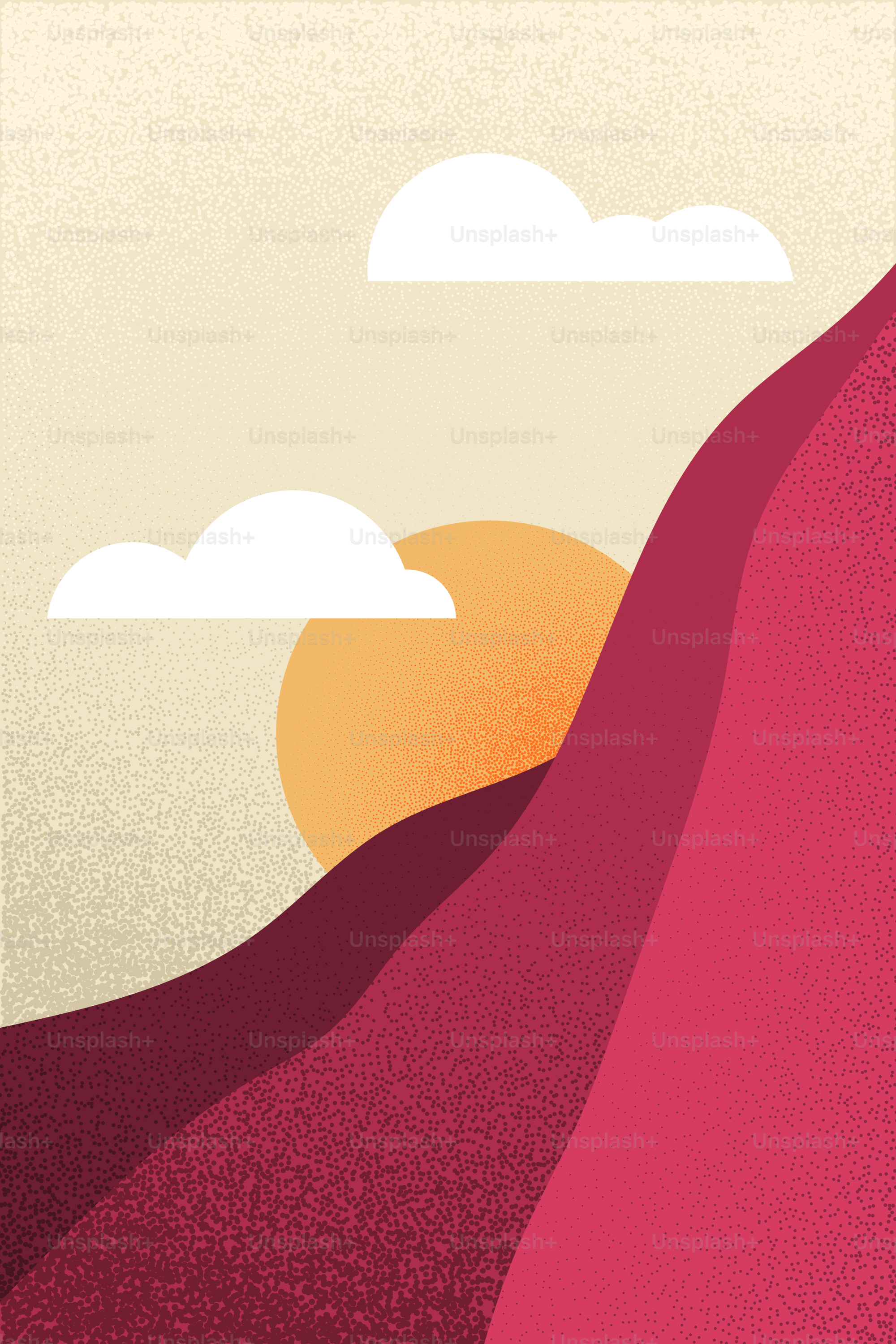 Montagnes, soleil et nuages représentés dans un style minimaliste.