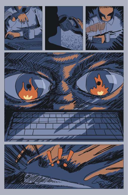 Occhi ardenti fissano una tastiera in una vignetta a fumetto.