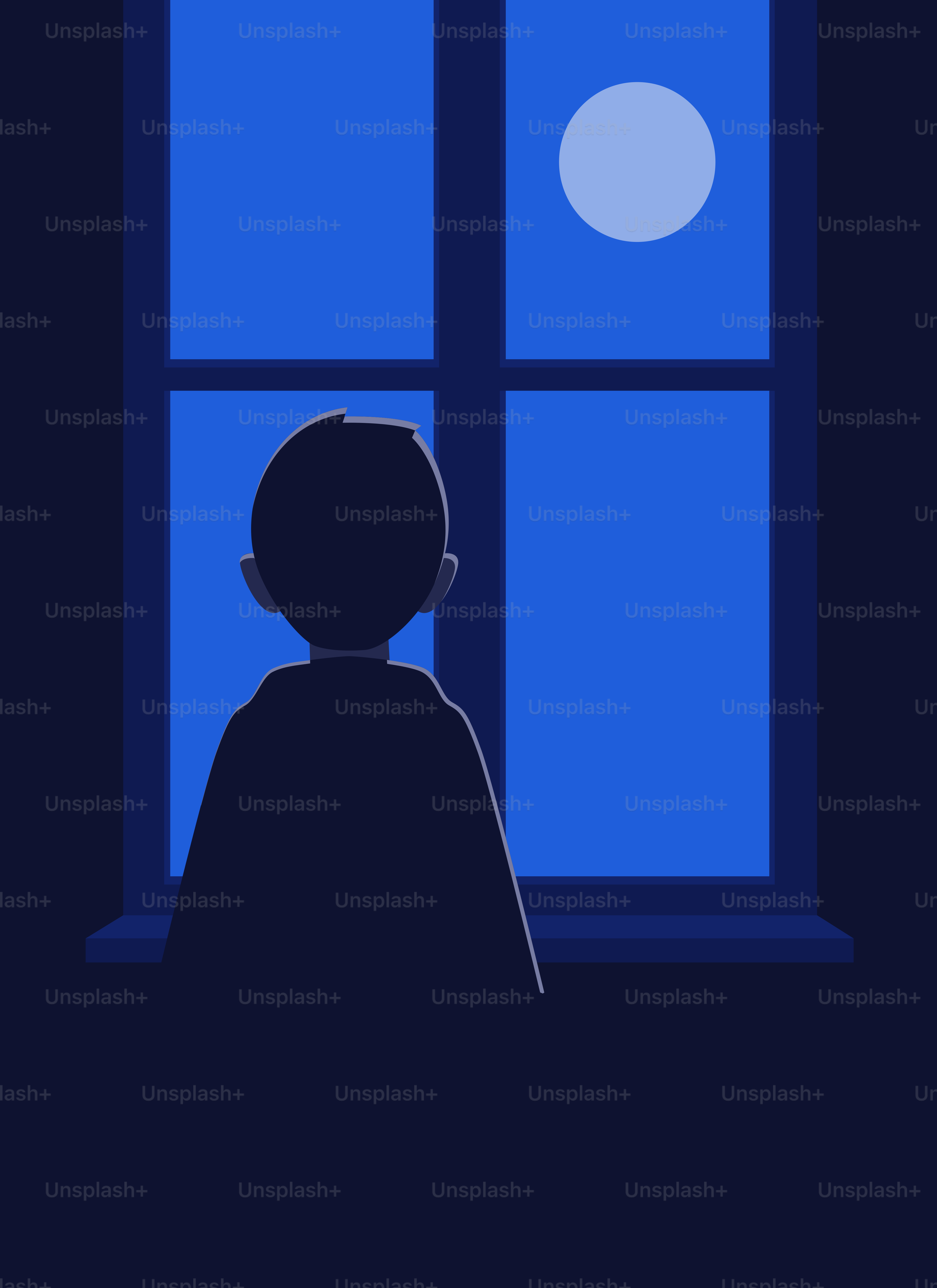 子供が窓から月を見ている。