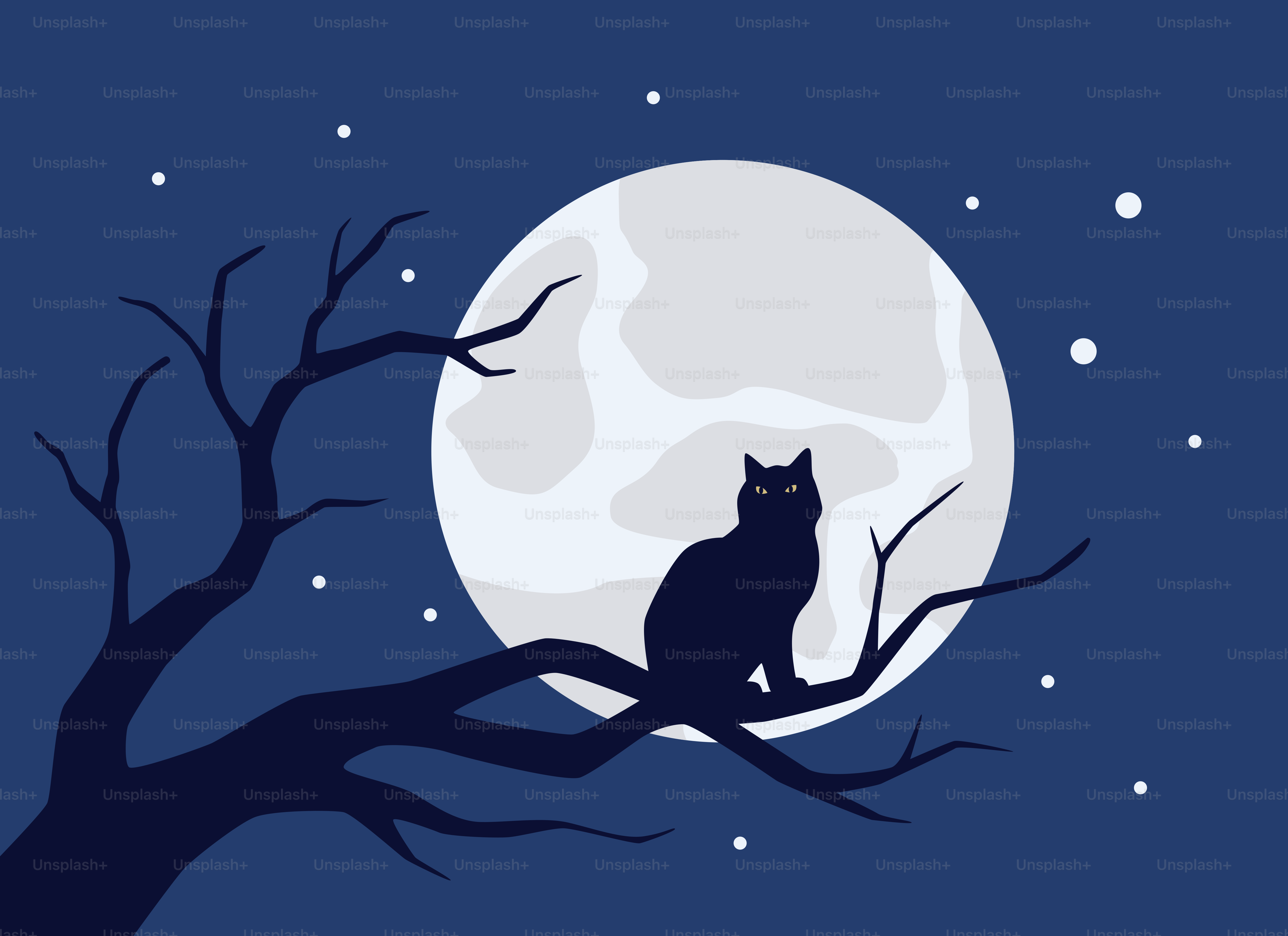 A black cat sits on a branch under the moon.