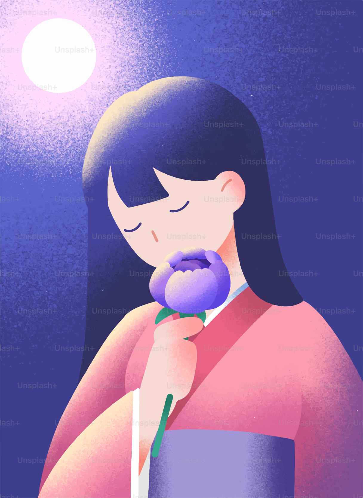 月の下で花の匂いを嗅ぐ女性。