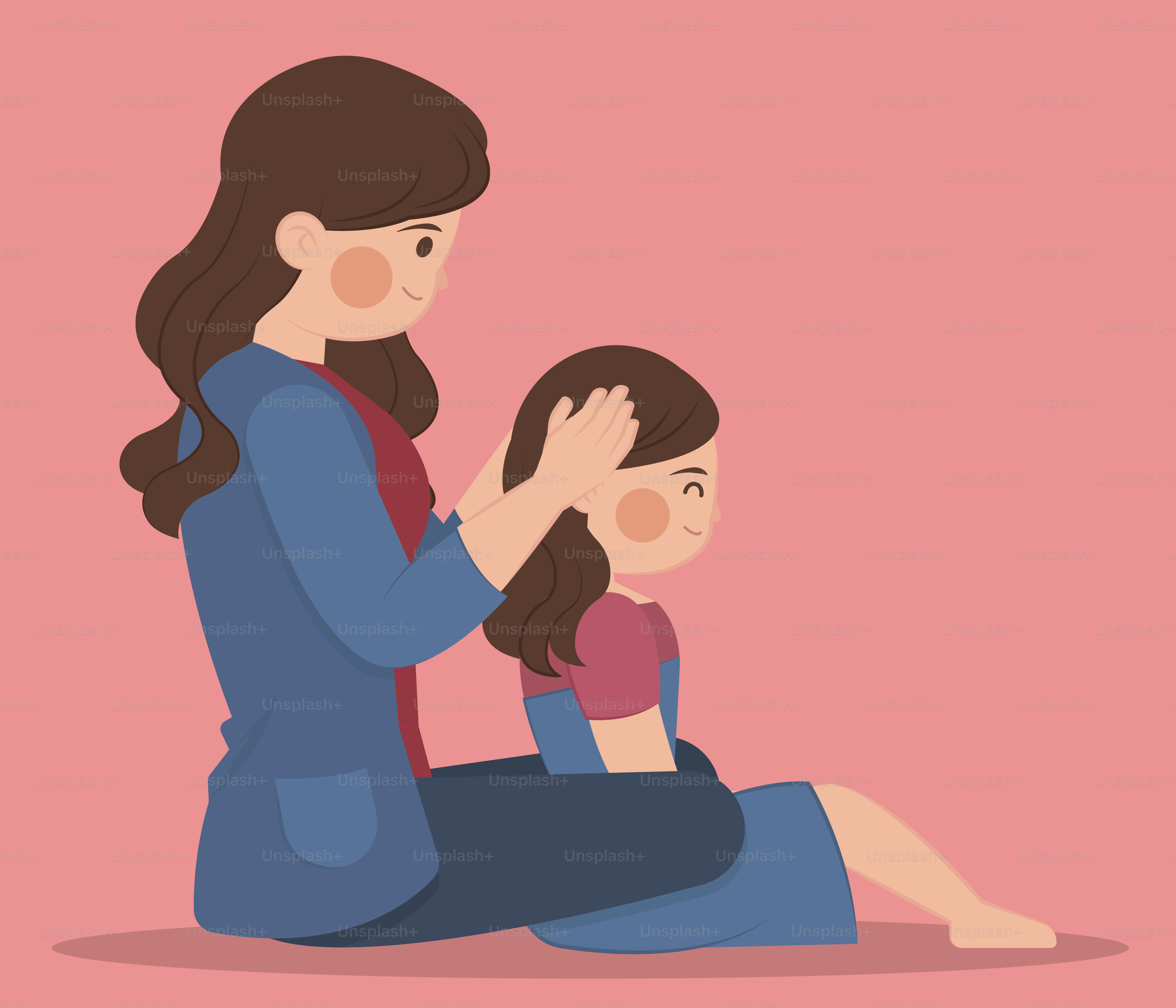 A mother combs her daughter's hair gently.