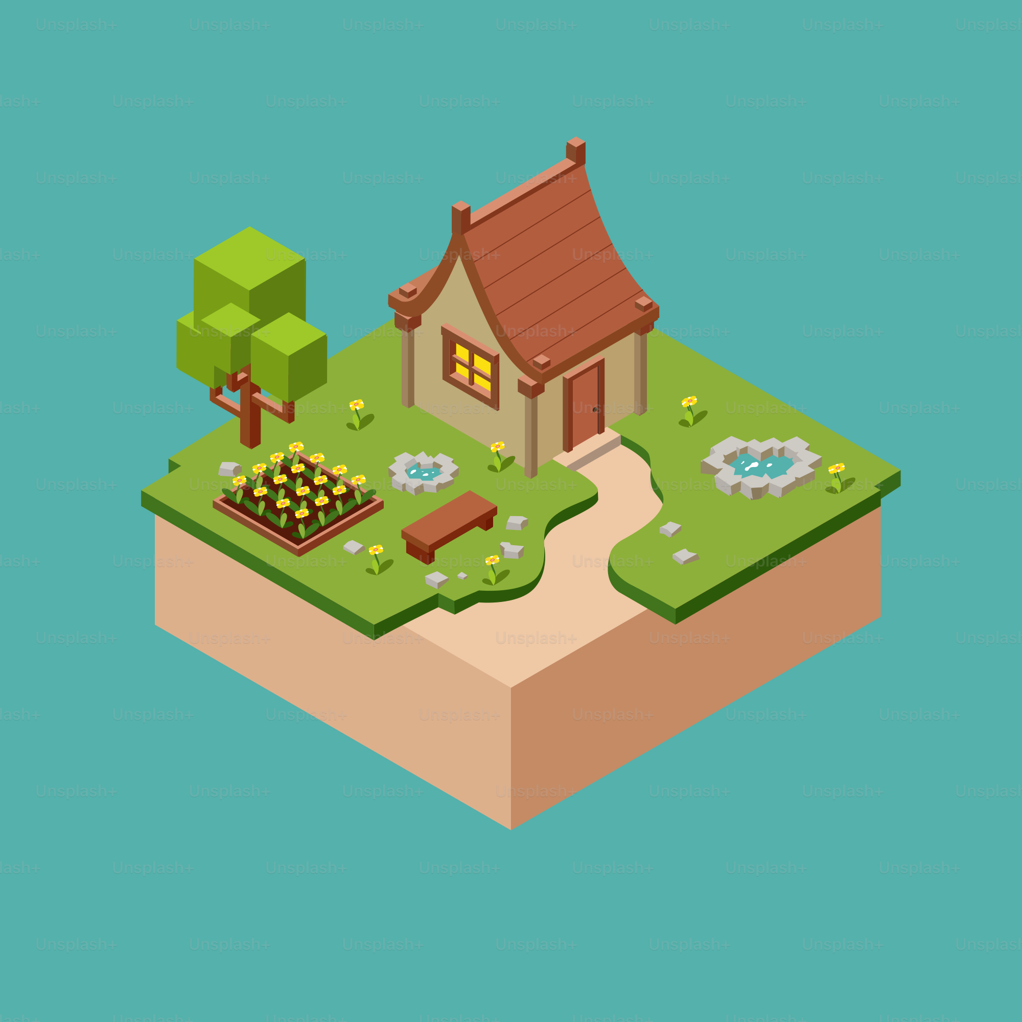 Isometric house and garden on a little island.