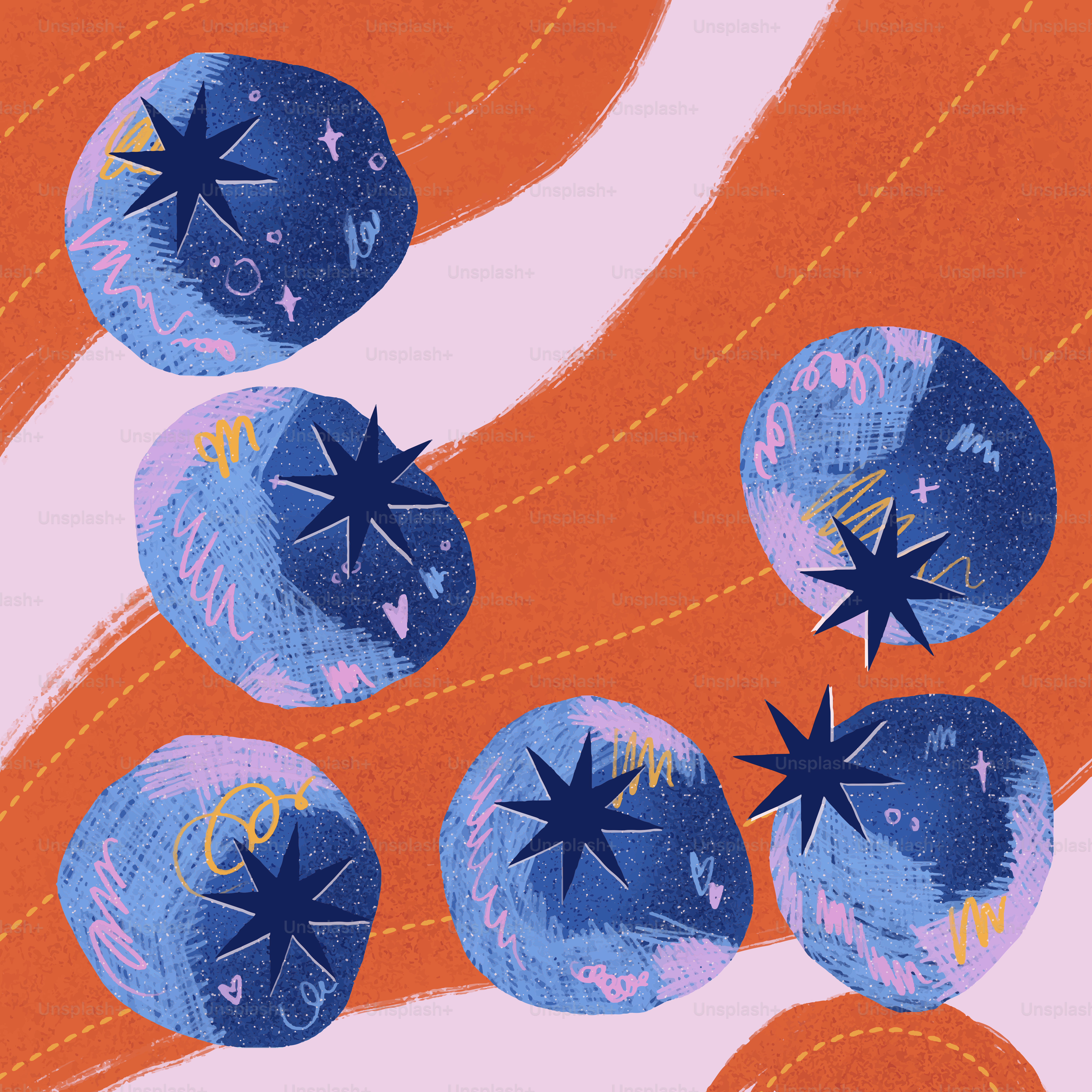 Abstract, illustrated blueberries on an orange background.