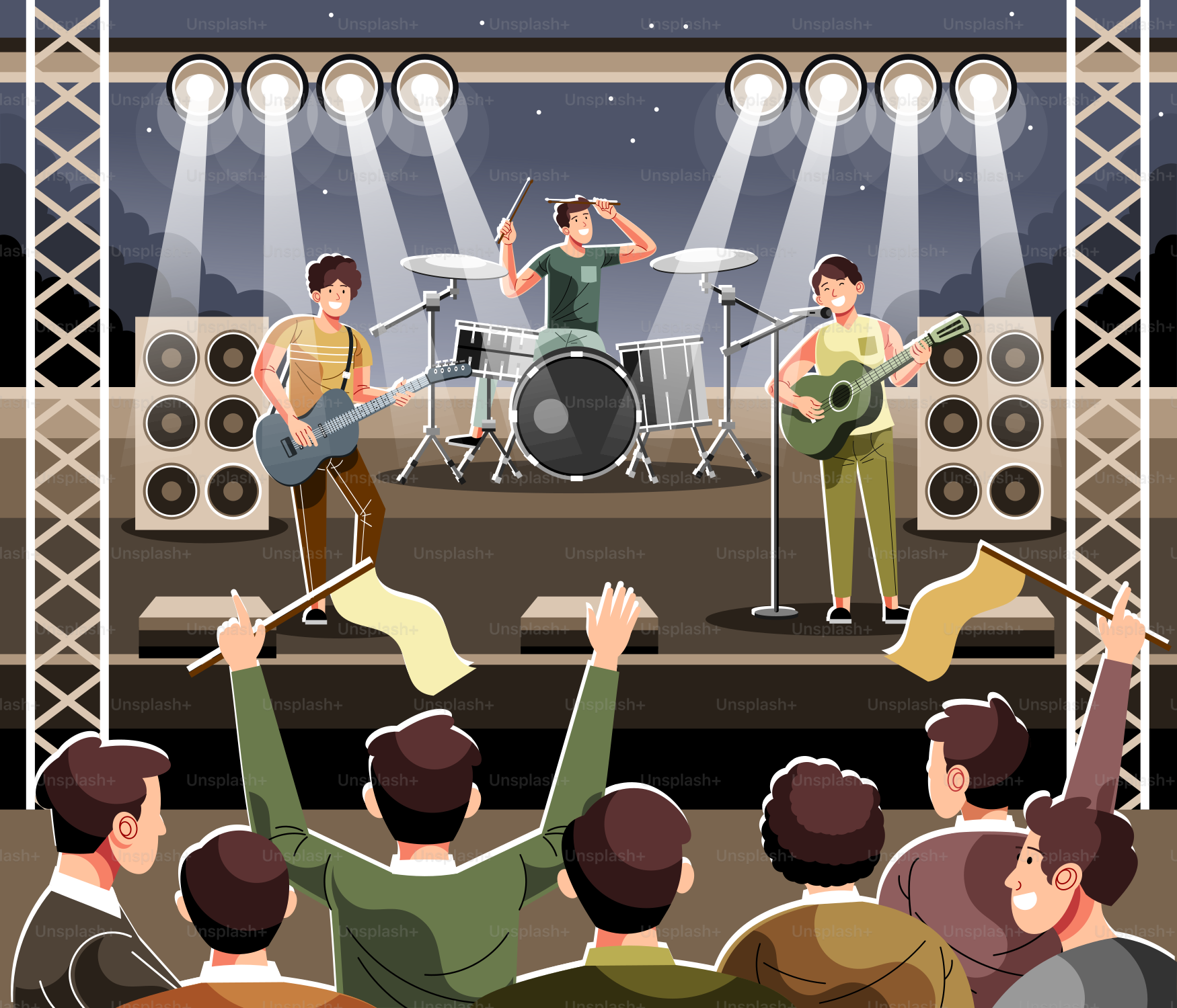 A band performs on stage for a cheering crowd.