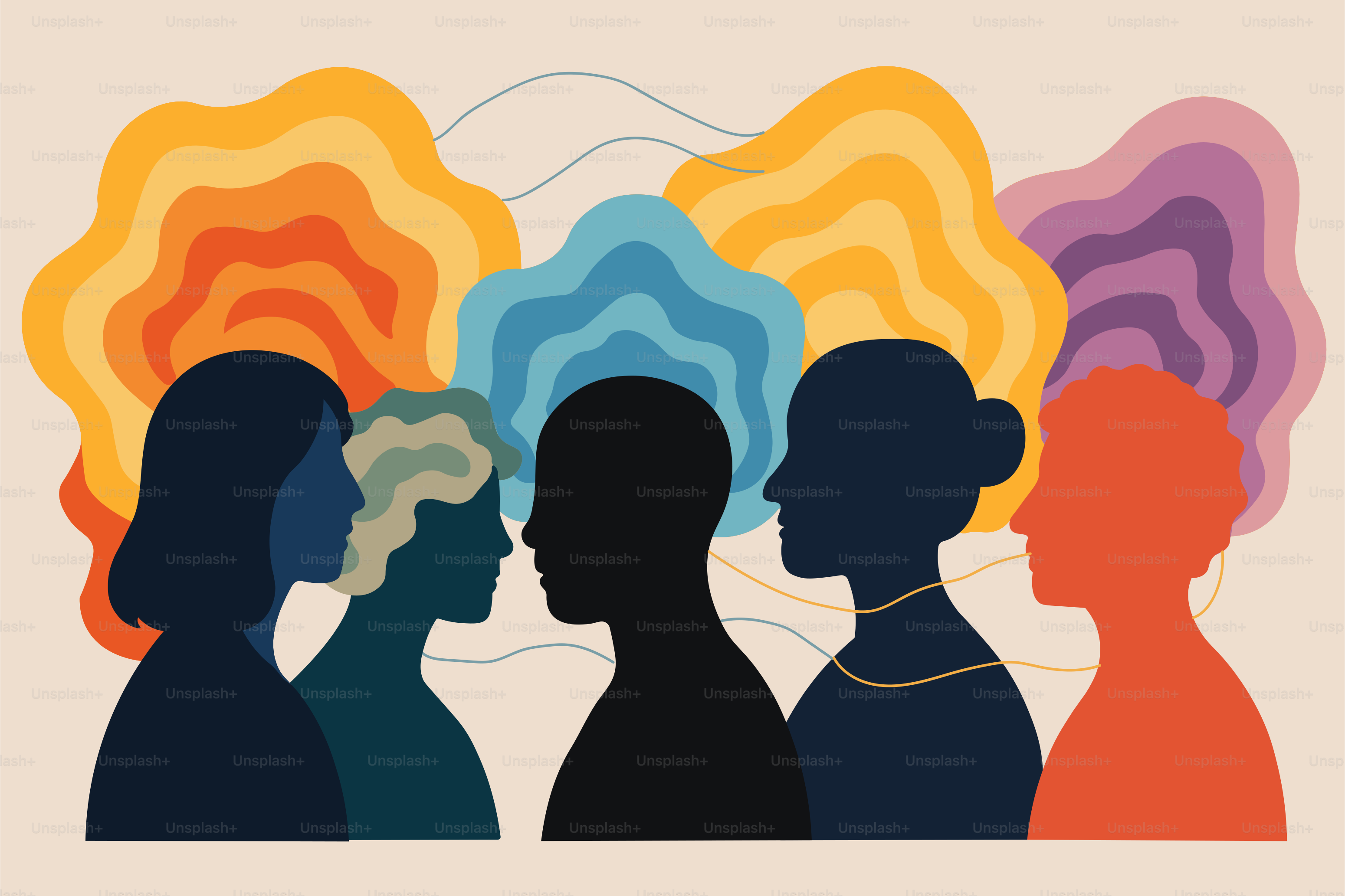 People stand together with colorful abstract backgrounds.