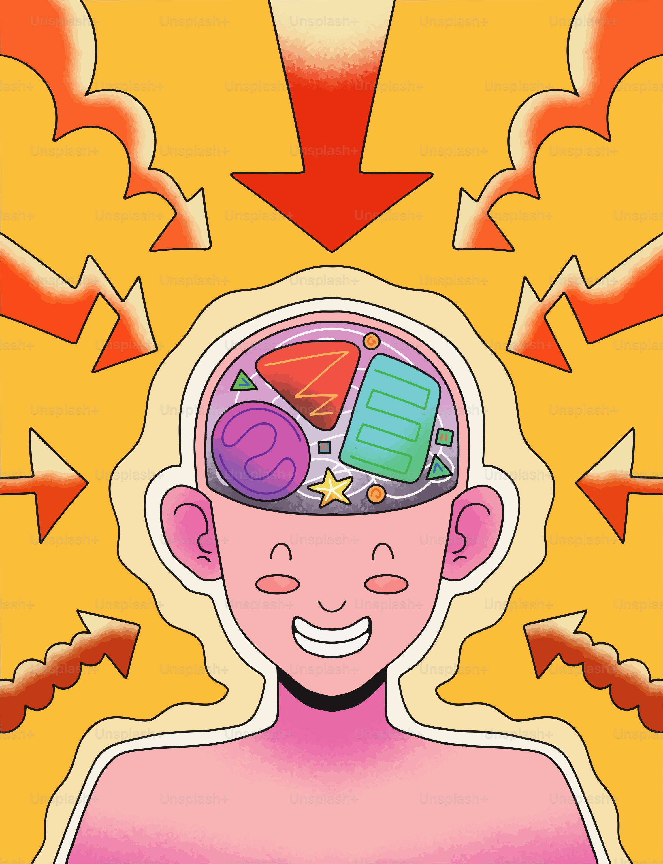 A smiling brain gets flooded with incoming stimuli.