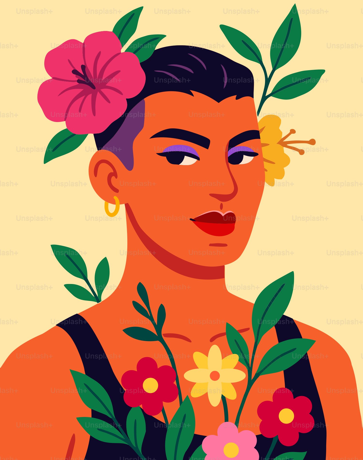 A person adorned with flowers and vibrant colors.