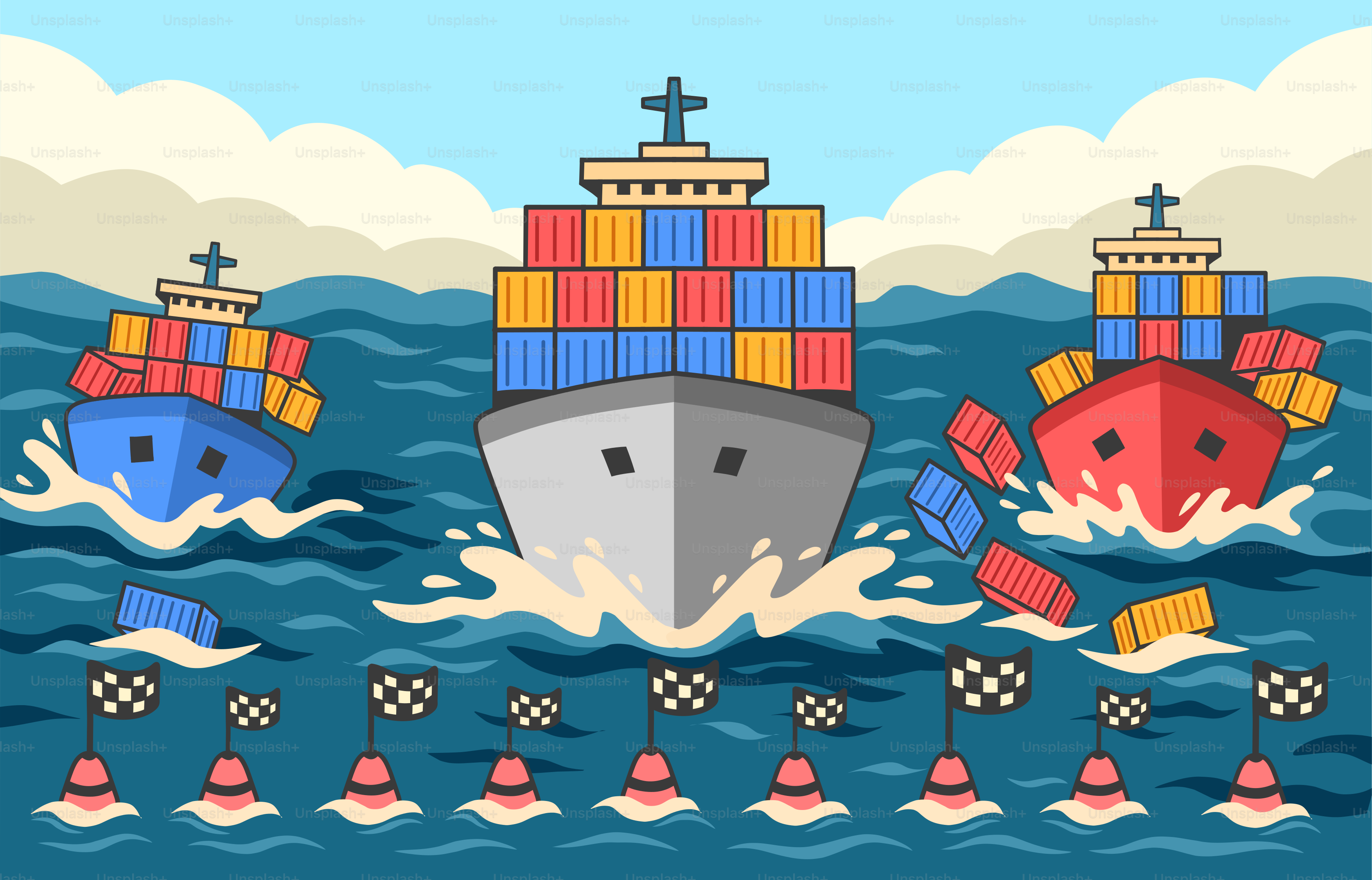 Container ships are sailing on the open ocean.