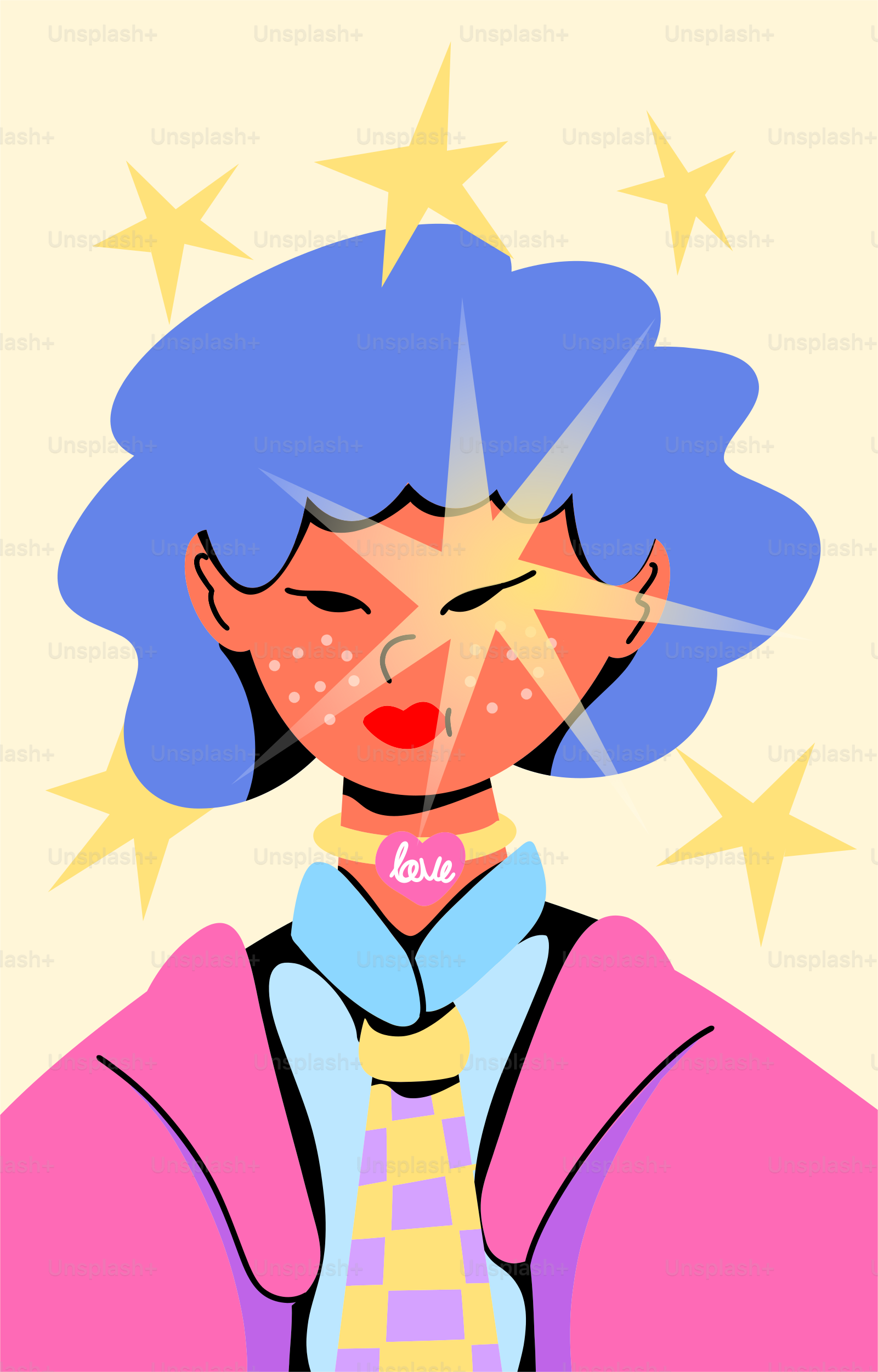 Person with blue hair radiates energy amid stars.