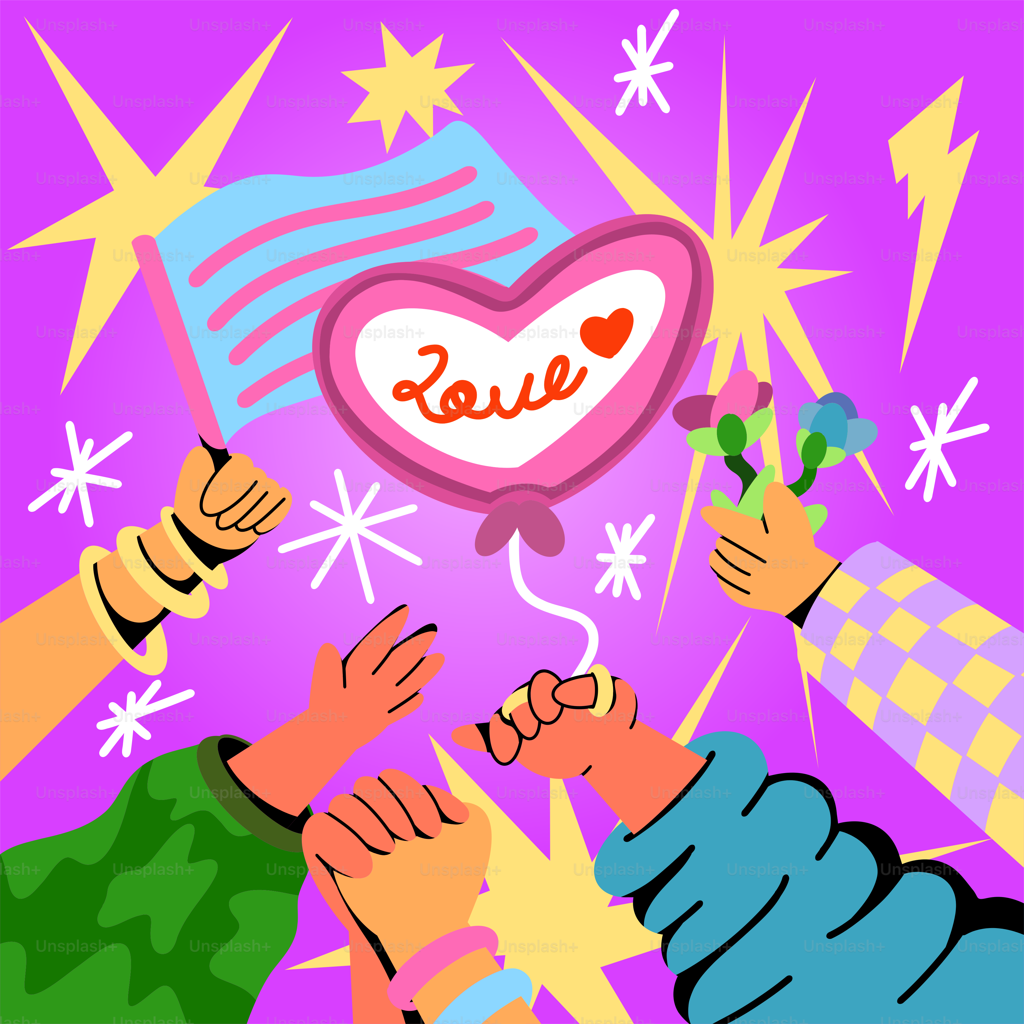 Las manos celebran el amor y el orgullo con flores y banderas.