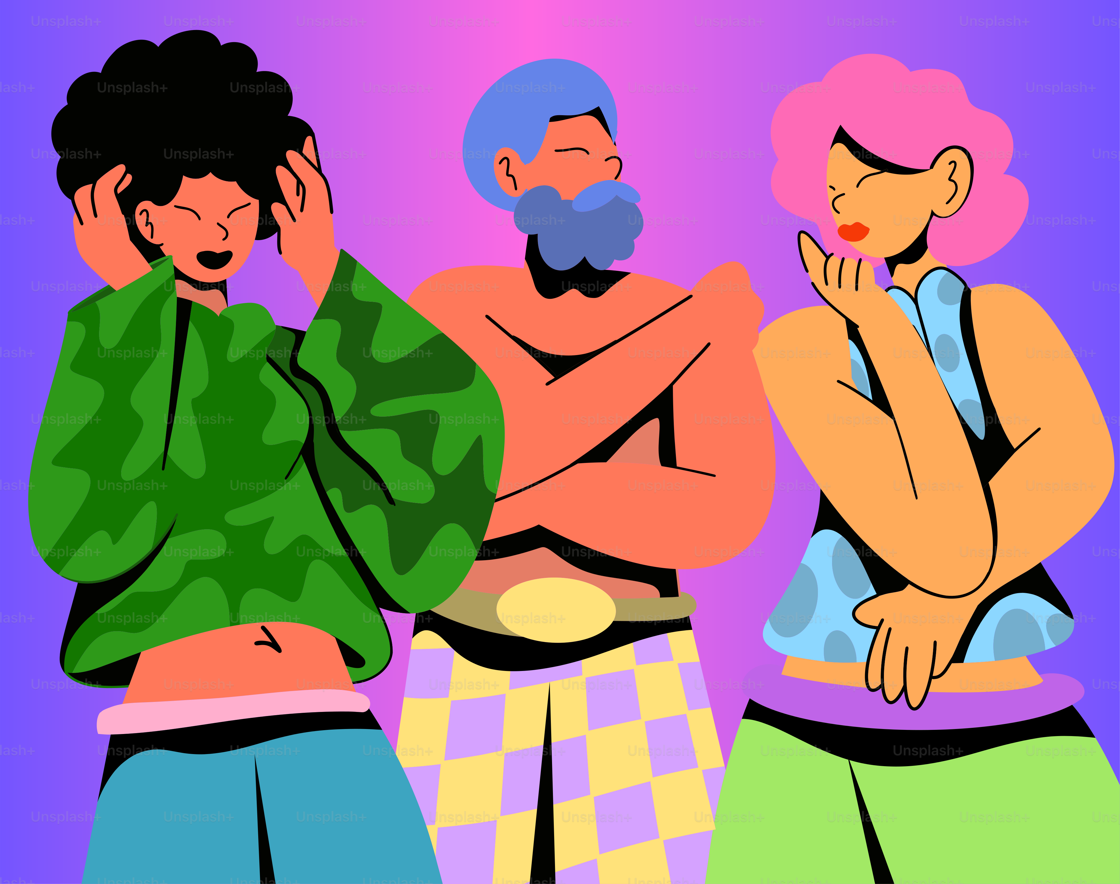 Three stylized people are posing together.