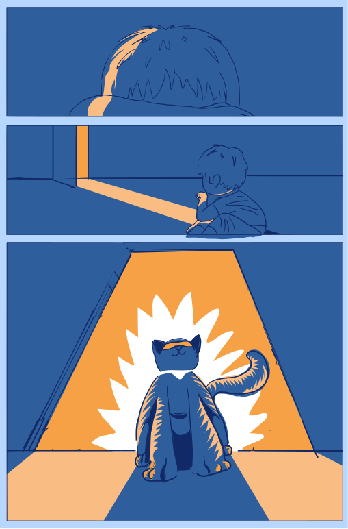 A cat glows brightly in a dark room.